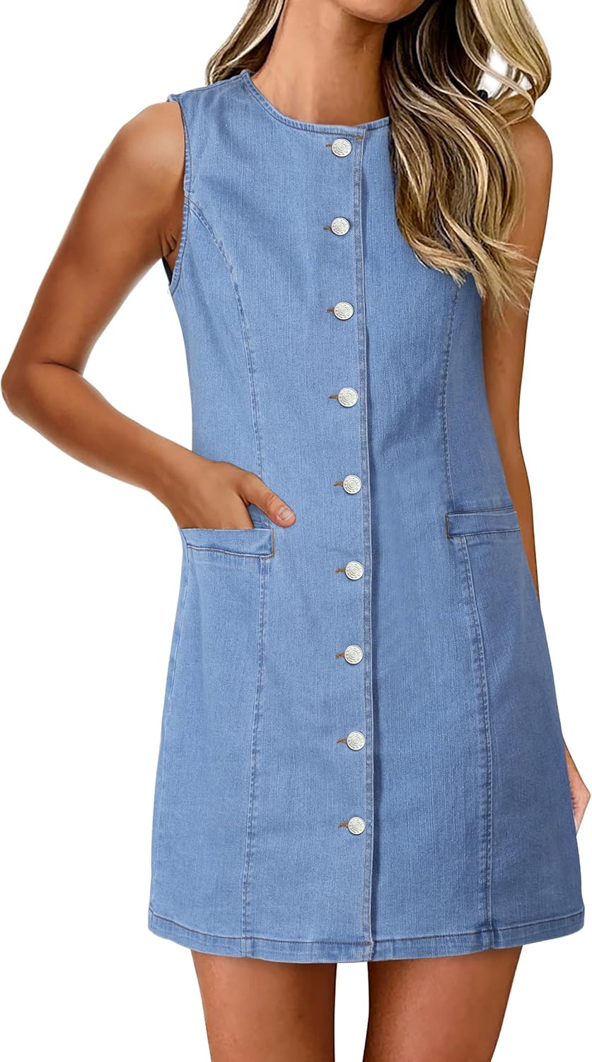 Women's Denim Dress Jean Sleeveless Button Down Shirt Mini Tank Casual Summer Dresses with Pocket 2026 Trendy Outfits - Image 4