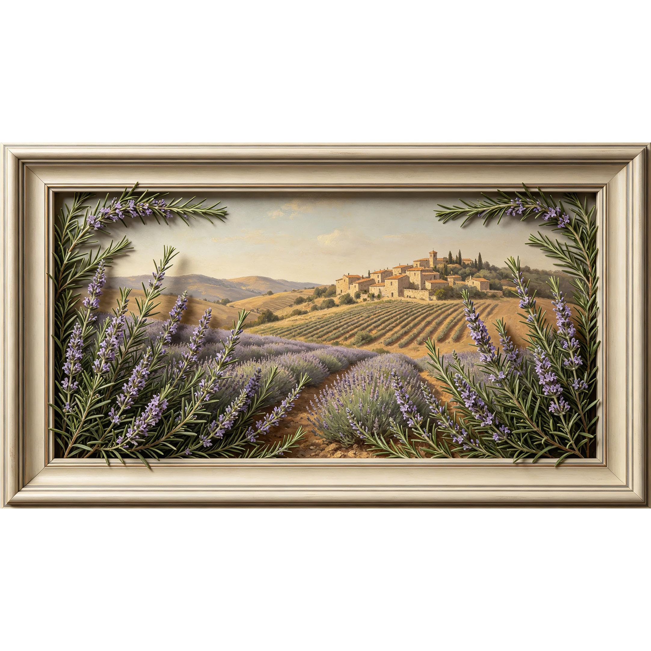 QZLITHOTIC 50×90cm3D Framed Wall Art， Provence Lavender Field Tuscan Landscape Oil Painting Self?Adhesive Mural， Water?Activated Peel & Stick Fabric Decor Wall Decal for Bedroom Living Room