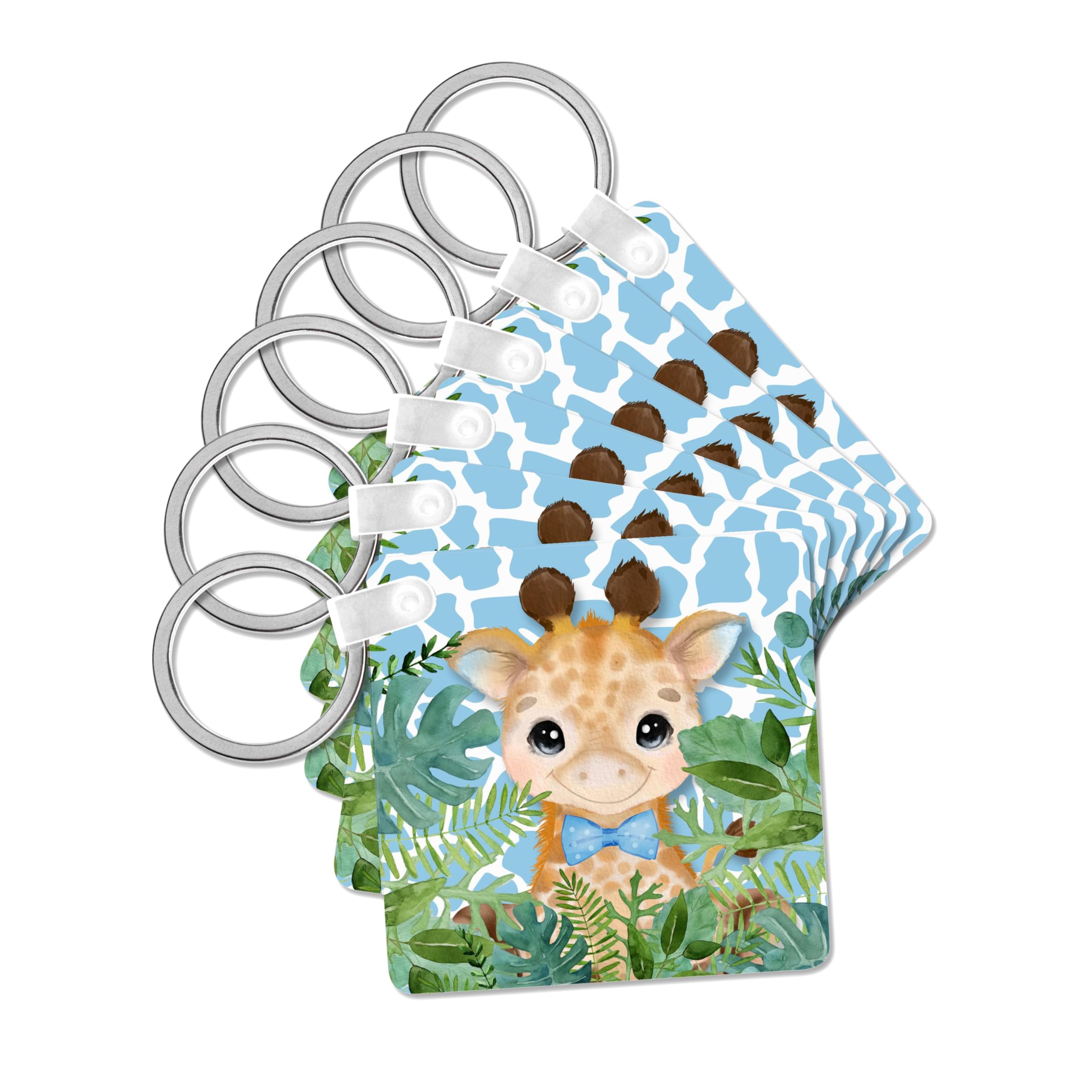 3dRose, Baby Giraffe with Blue Bow Tie and Tropical Leaves for Boys, set of 6 Key Chains