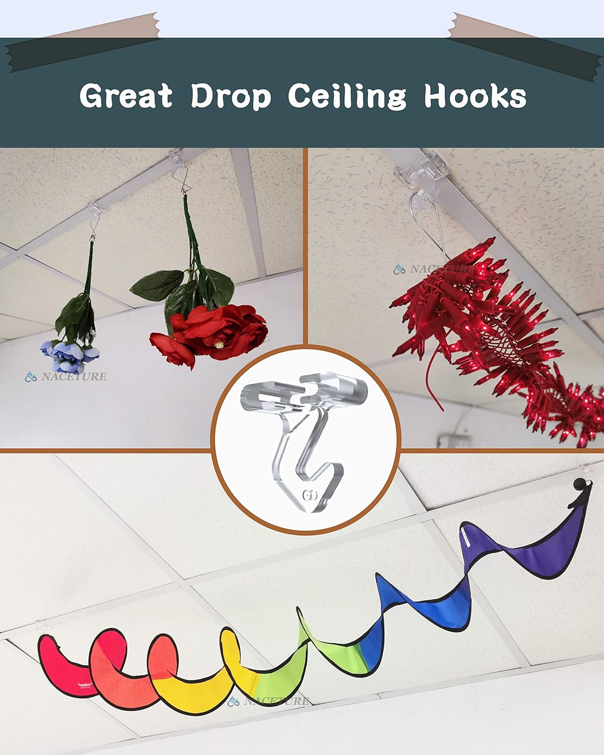 Buy 1 get 1 Clear Drop Ceiling Hooks Classroom Decorations - 50 Pack Polycarbonate Ceiling Hanger Hooks for Hanging T-bar Track Clip on Suspended Ceiling Tile Grid for Office Home Stores and Wedding Decorations