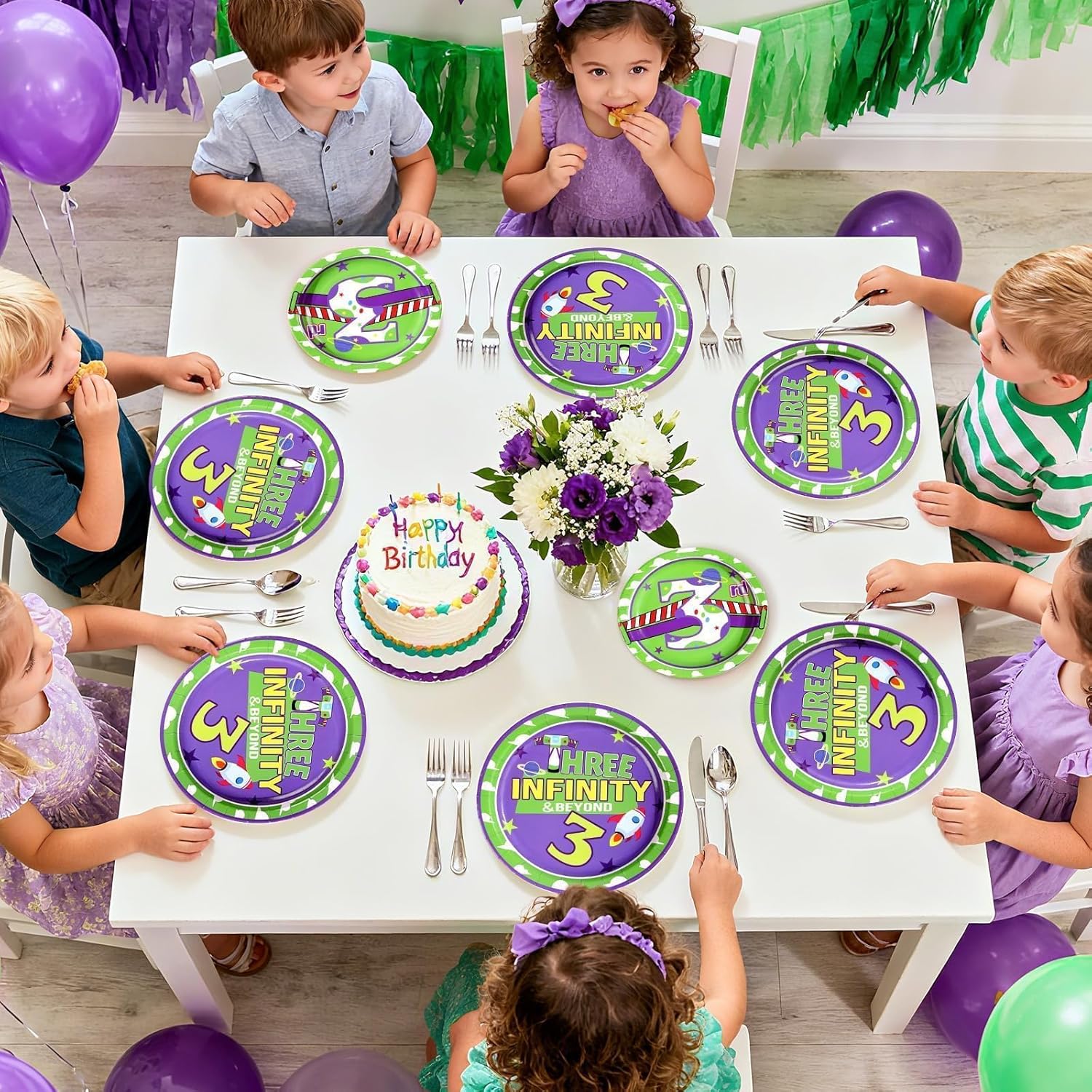 96Pcs Cartoon Story Party Supplies 3rd Birthday Plates and Napkins Disposable Space Adventure Tableware Set for Astronaut Robot Theme 3 Years Old Party Decorations Serves 24 - Image 8