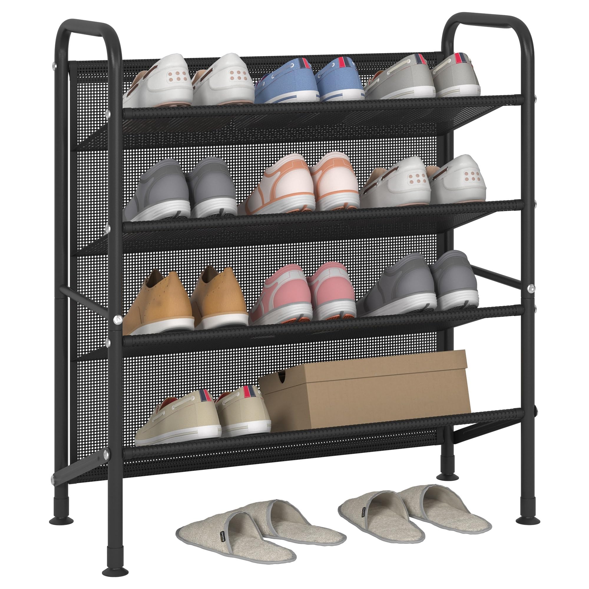 FKUO 4 Tier Shoe rack for closet Mesh fabric narrow Metal shoe racks, Space saving Small Shoe Storage Organizer Shelf for Entryway, Hallway, Dorm Room (Black, 4-Tier)