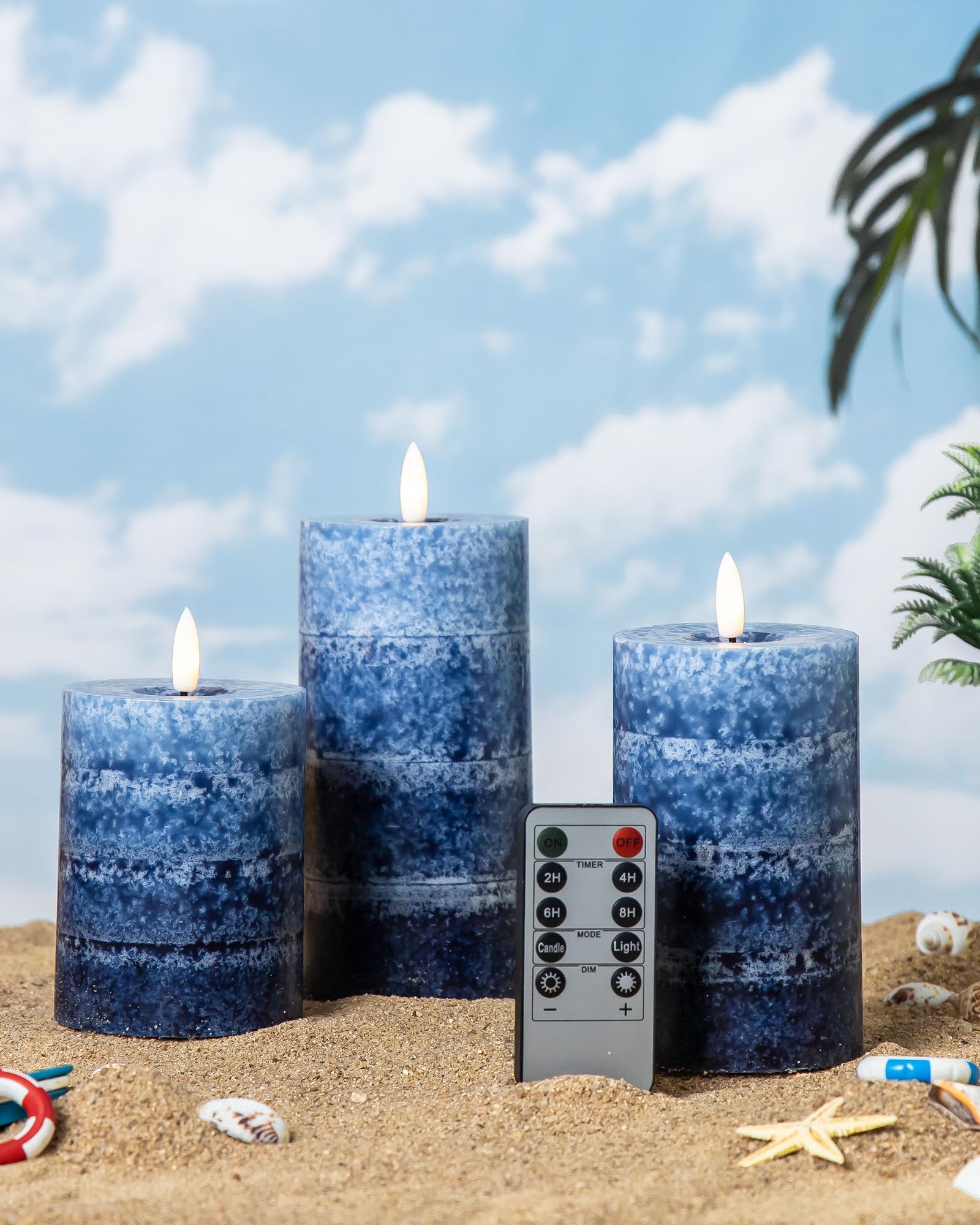 Stmarry Candele senza fiamma sfumate blu navy con telecomando e timer, candele a pilastro a LED realizzate in vera cera, funzionamento a batteria con fiamma tremolante 3D, 7,6 x 10,2 cm, 7,6 x 12,7 cm