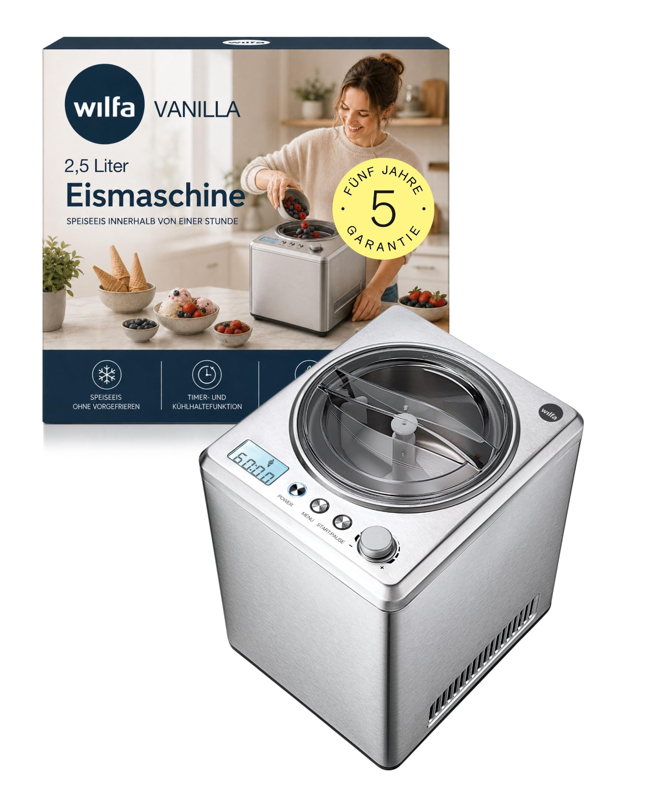 Wilfa VANILLA 2.5 Eismaschine mit Kompressor 250W I Selbstkühlender Speiseeisbereiter für 2,5L Eiscreme, Sorbet & Frozen Joghurt I Kein Vorgefrieren nötig, 3 Programme & Kühlhaltefunktion