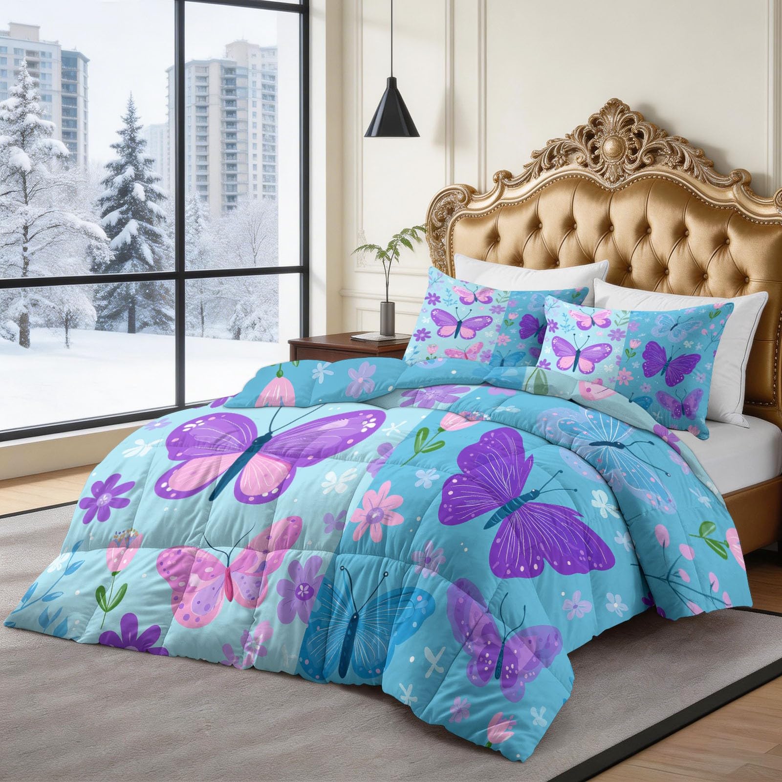 Trapunta Copriletto 260x240 cm Farfalle Fiori Trapuntino 4 Stagioni Stampa 3D, Trapunta Inverno Estivo, Trapuntato Coperta Letto per Adulti Bambini