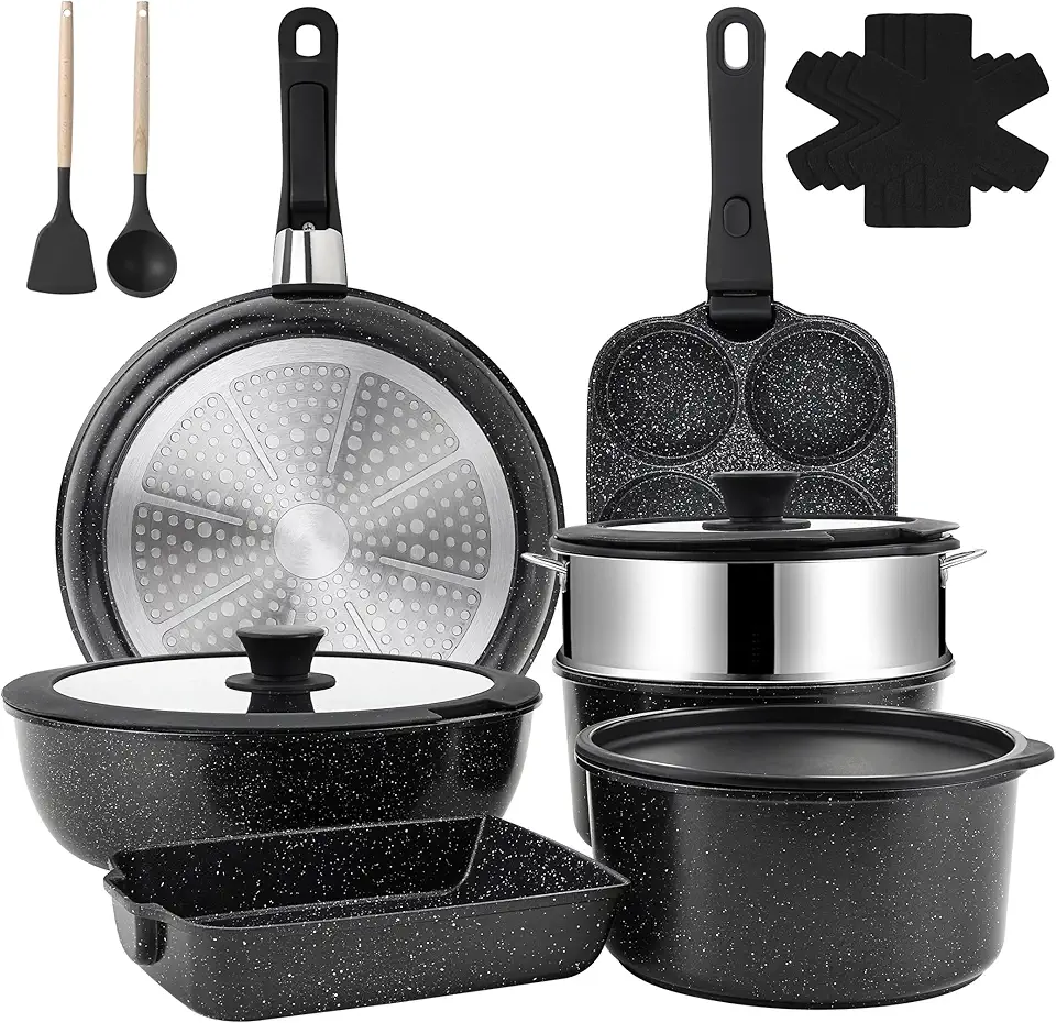 Jogo De Panelas 12 Peças, Conjunto De Panelas Antiaderentes Punho Destacável, Conjuntos De Panelas De Cozinha De Indução Antiaderente Com Alça Removível