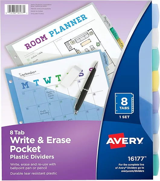 Avery Write & Erase Pocket Plastic Dividers for 3 Ring Binders, 8-Tab Sets, Multicolor, Tabs Viewable Beyond Sheet Protectors, 1 Set (16177)