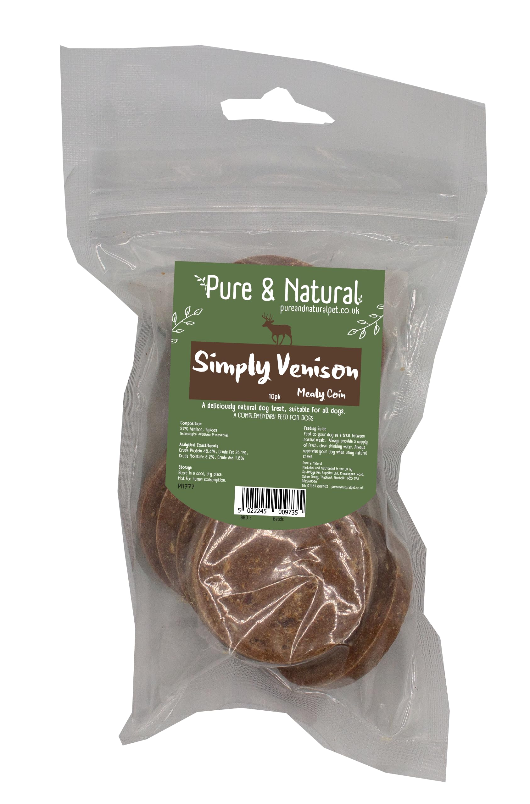 Pure & Natural Meaty Coins - Grain Free Dog Treats in 9 Flavours | Natural Training Treats for Dogs Healthy Dog Chews & Jerky for Dogs - Venison, 10 Coin Bag