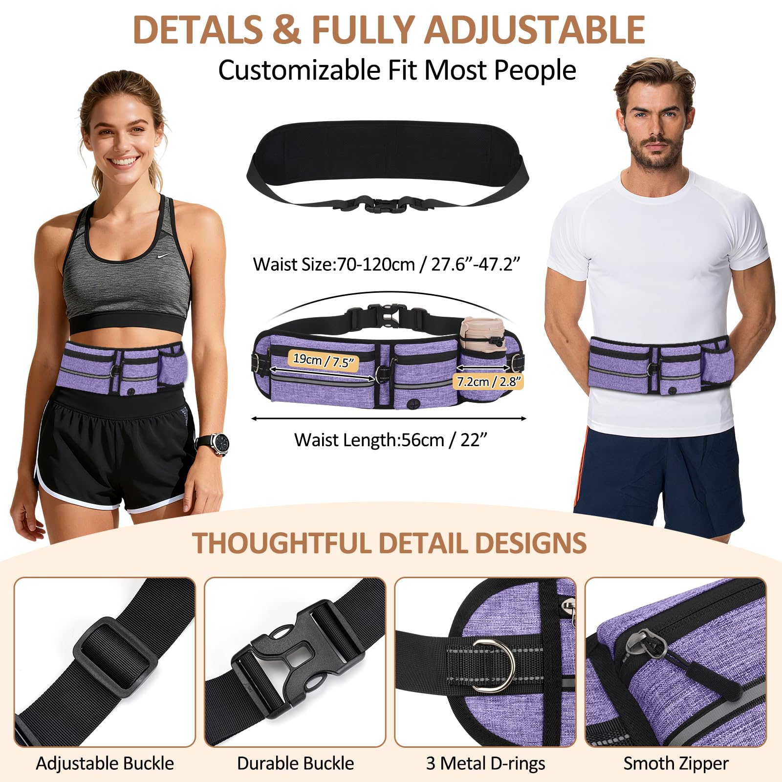 Guinzaglio Mani Libere per Cani con Marsupio e Porta Borraccia, Cintura Regolabile, Elastico Anti-Tiro Allungabile 150-220cm, Guinzaglio per Cani per Corsa Jogging Trekking, Viola