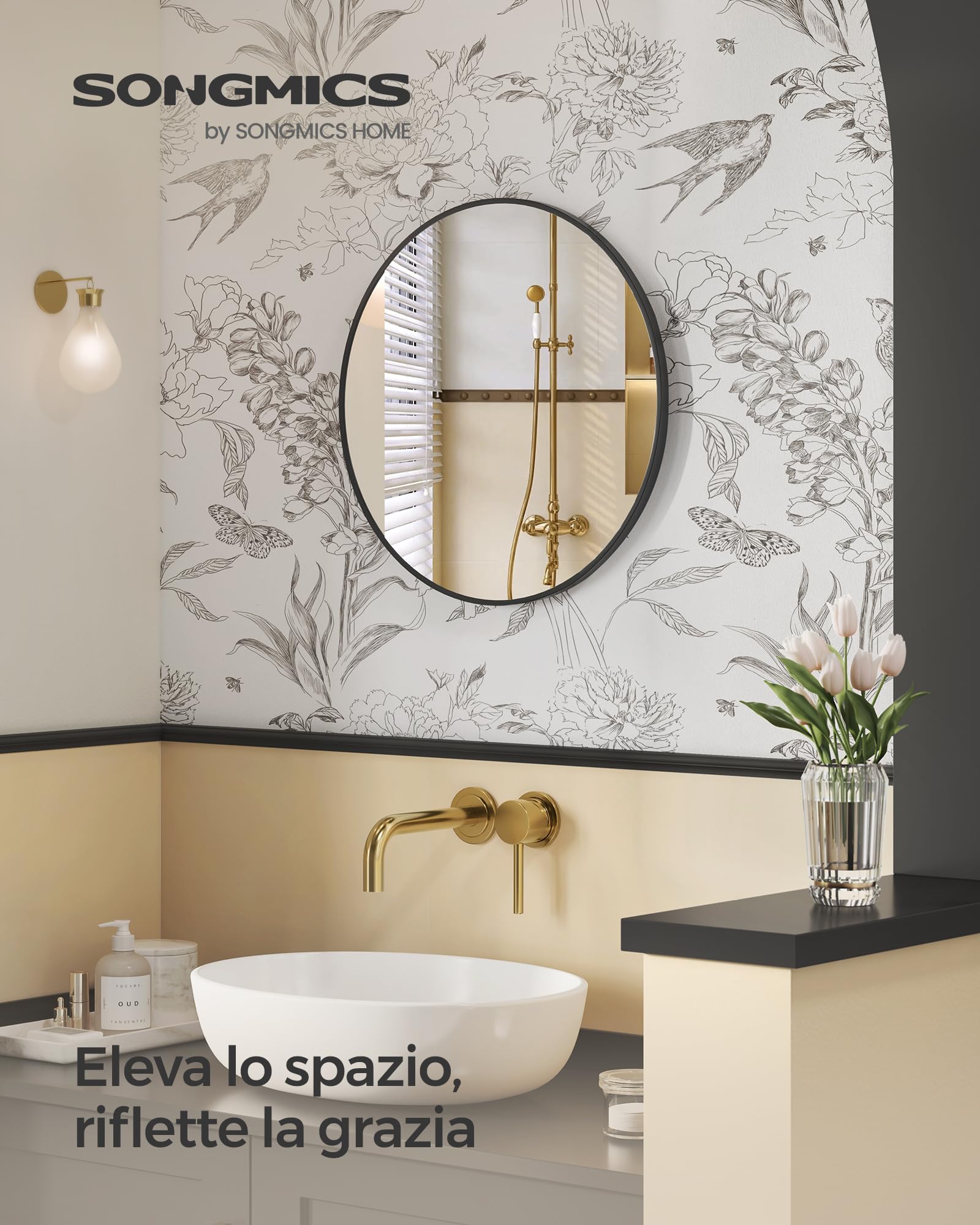 SONGMICS Berit Specchio da Parete Rotondo con Cornice in Alluminio, Nero | Specchio Bagno Moderno, 61 x 61 cm, 1 Pezzo, per Ingresso e Camera da Letto, Nero, LWM102B01