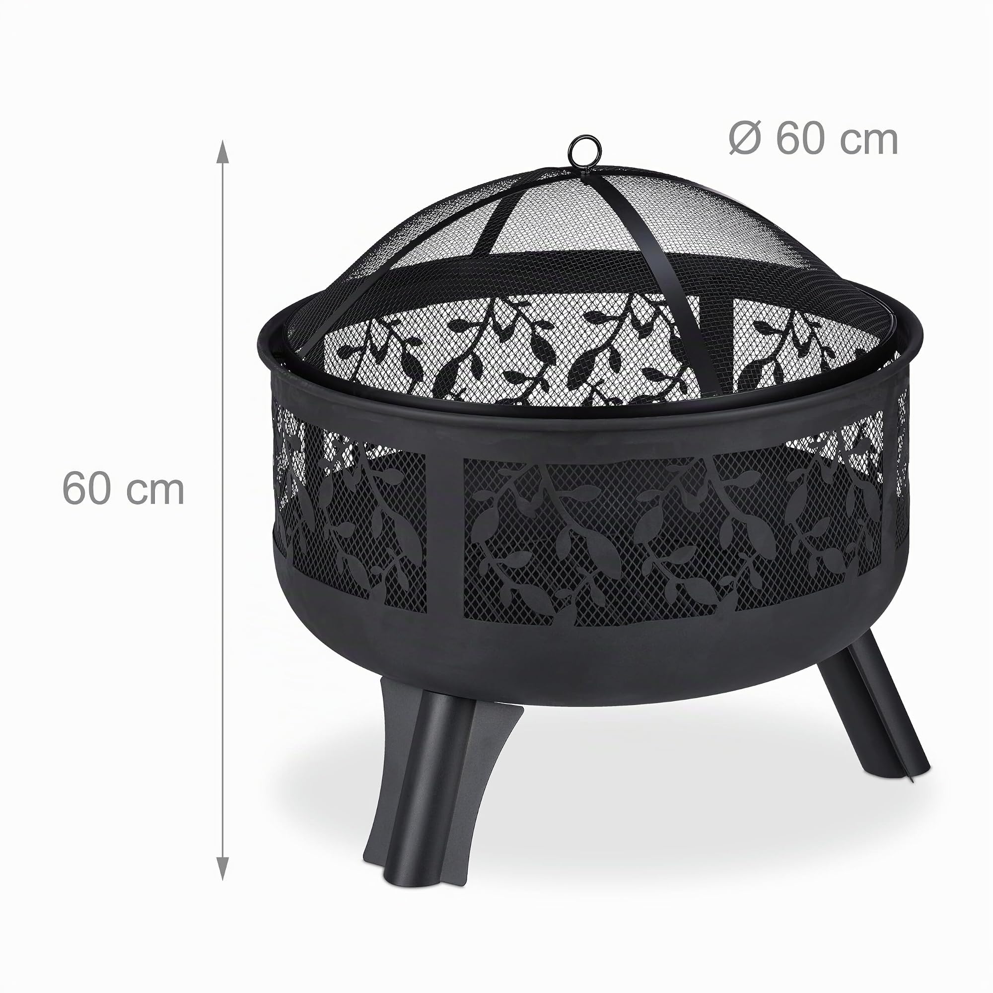 Relaxdays Brasero avec Protection étincelles, Jardin et terrasse, avec tisonnier, Foyer extérieur, HxD 60 x 60 cm, Noir