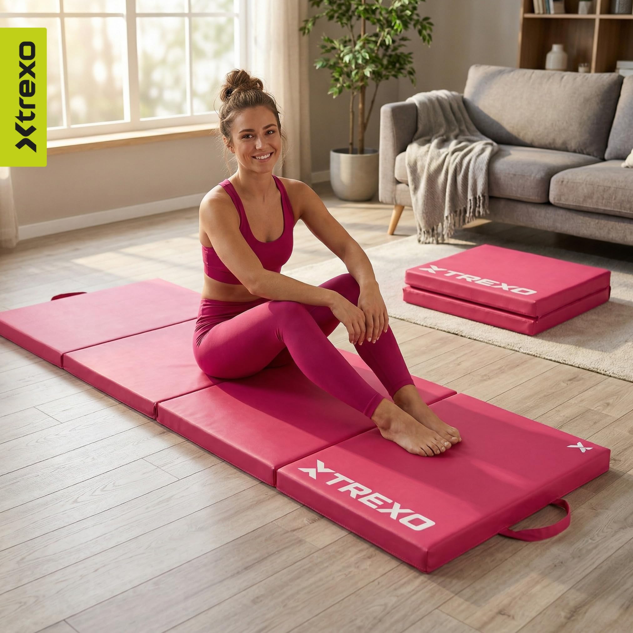 TREXO – Tapis de Gymnastique Pliable 195 x 80 x 5 cm 4-Panneaux – Tapis d’Entraînement Portable avec Poignée, Mousse EPE & Revêtement Similicuir – Rose
