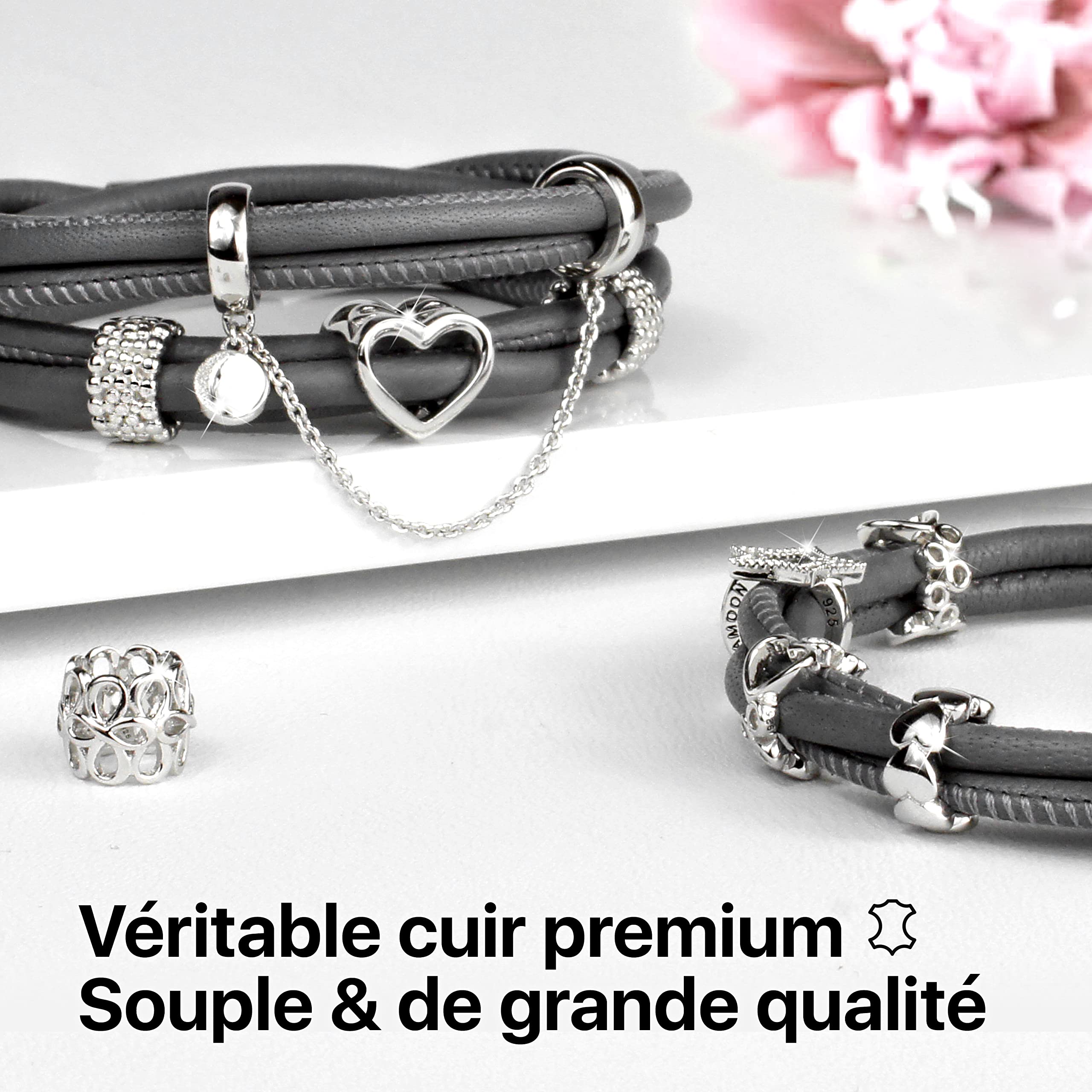 CHAMOON® Bracelet Cuir Femme Véritable Premium | Fermeture Magnétique en Acier Inoxydable | Extensible avec des Charms