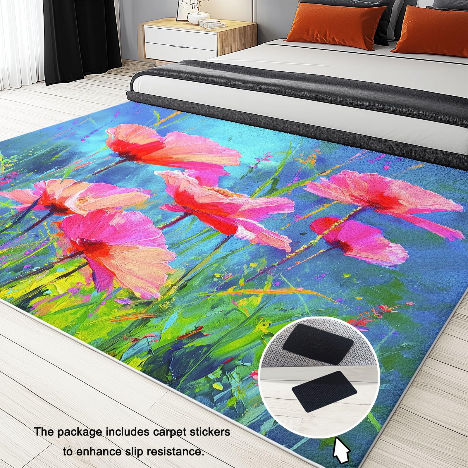 Dywan do salonu abstrakcyjny obraz olejny kwiaty trawa, krótki polar duże dywaniki 140 x 200 cm miękkie, zmywalne, idealne do sypialni, przedpokoju salonu, kuchni, biura, wnętrz niebieski