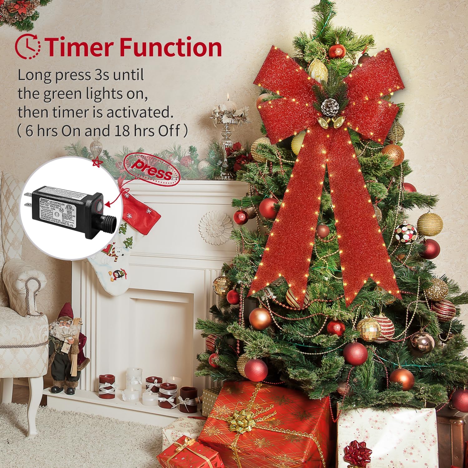 DomKom 32 Inch Large Red Bows Christmas Decorations, 118 Led Lighted Giant Bow with 8 Light Functions &Timer, Golden Bell Pine Cone for Xmas Tree Topper Wreaths Indoor Outdoor Holiday Decor - Image 3