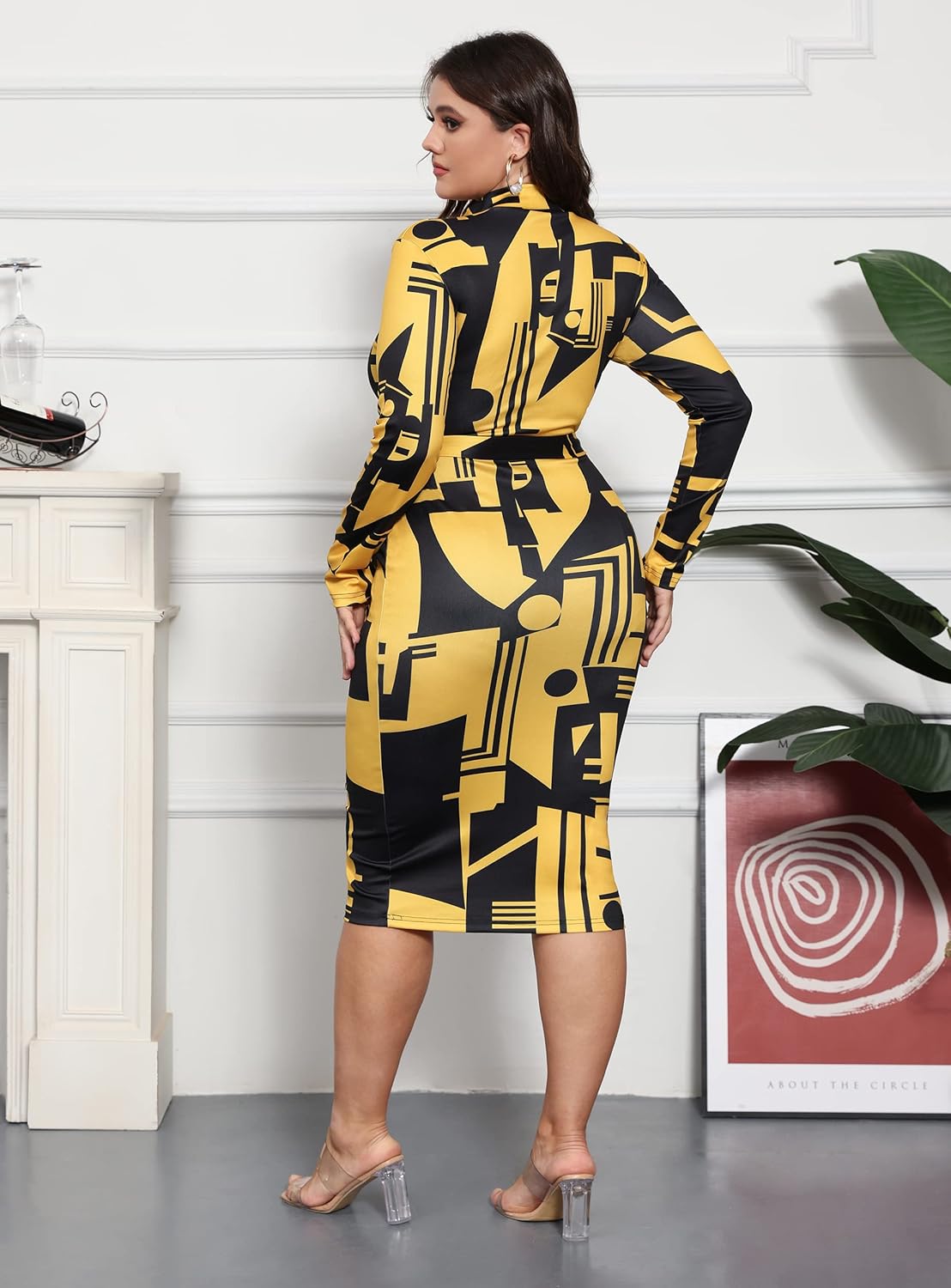 ECHOINE Women's Vintage Print Bodycon Midi Dress Sleeveless Mock Neck Slim Fit Party Club Dress