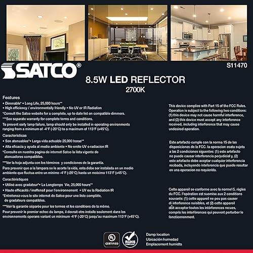 Miniatura 7 de Satco S11470 reflector LED de amplio rango 8.5BR30LED827120V6PK 8.5 vatios BR30 2700K 80 CRI base media 120 voltios regulable para uso en
