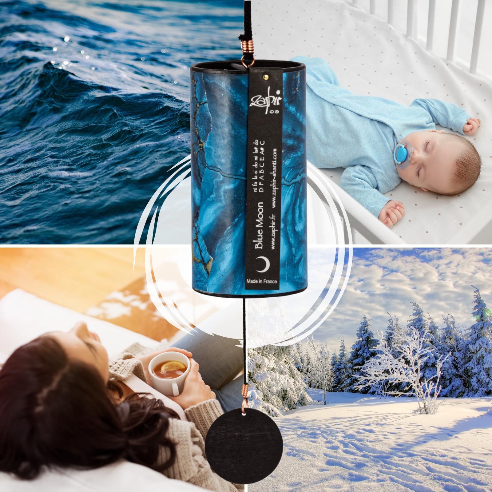 Zaphir Klangspiel Blue Moon Winter mit Ständer - Klangspielständer Pisa aus Buchenholz - 55 cm Höhe für Yoga, Kinder zur Entspannung und Meditieren