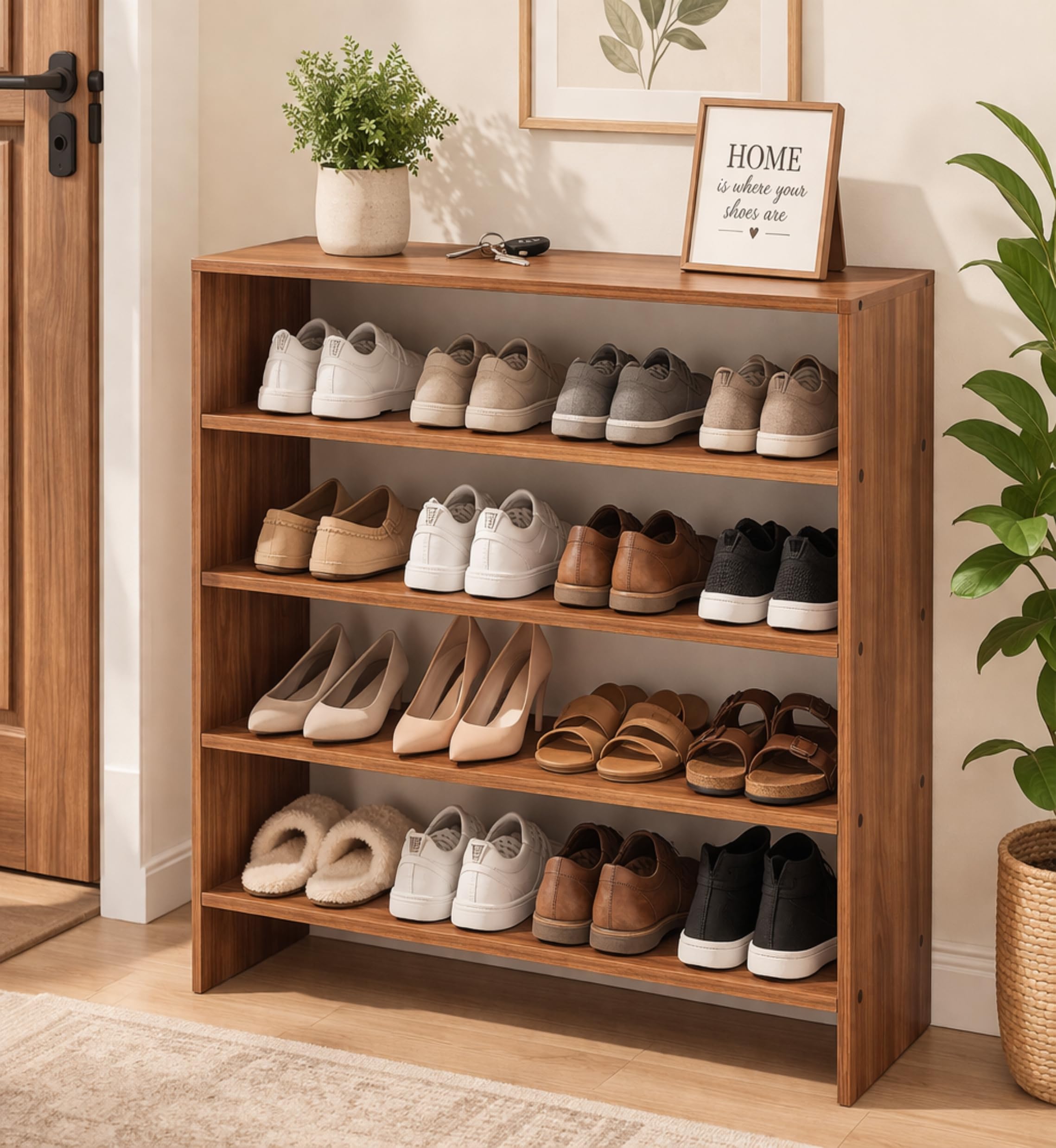 Enigmatic Woodworks Wooden Shoe Rack for Home, Chappal Slippers Organizer Stand I 5-Tier (Walnut)-image-15