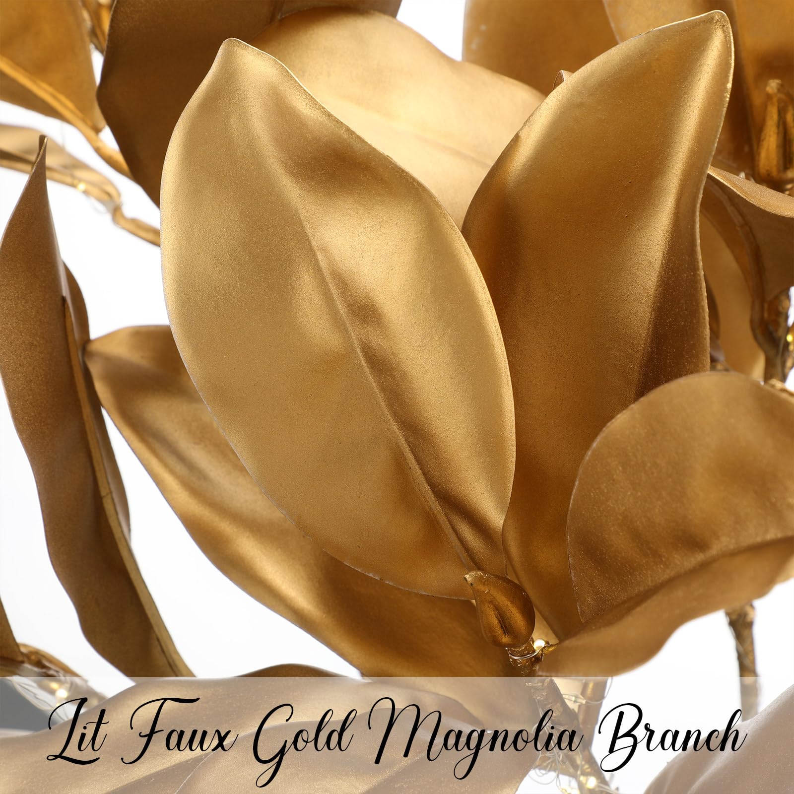 Retisee Magnolien-Zweige aus künstlichem Gold, beleuchtet, 65 cm, Magnolien-Plektren mit Lichterkette, künstliche Blätter, künstliche Zweige für Herbst, Weihnachten, Vase, Zuhause, Büro