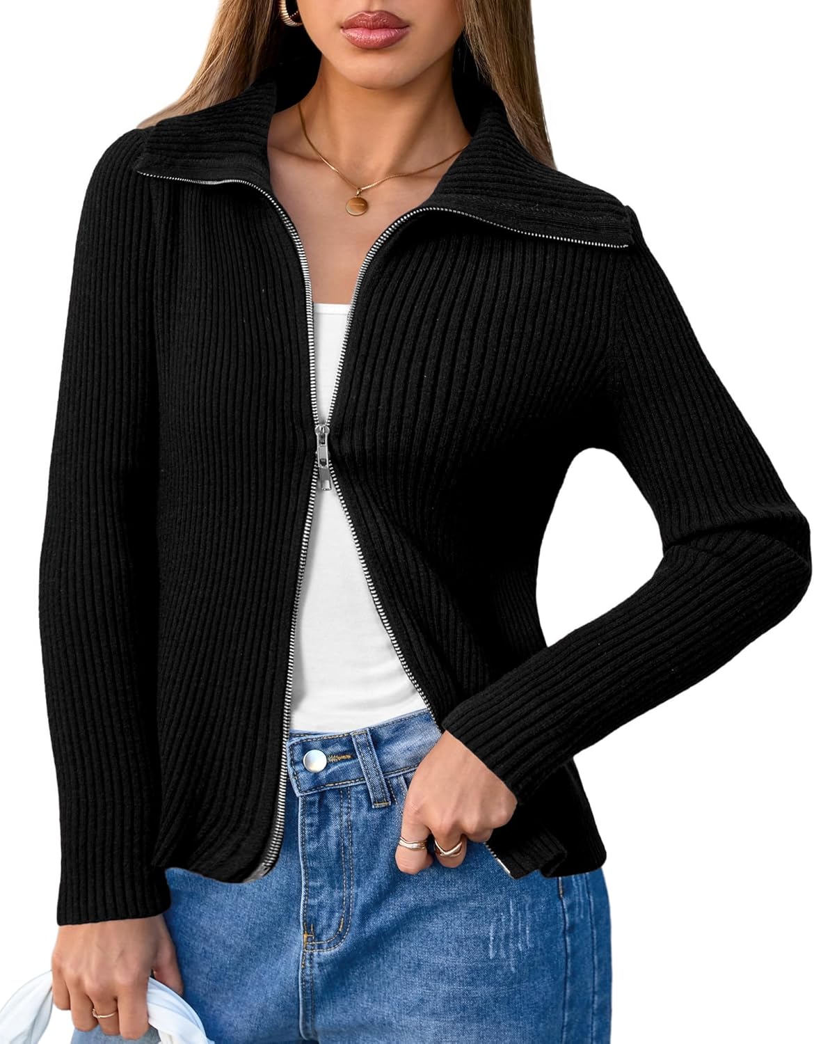 Arach&Cloz Women's Cardigan Sweaters 2025 Fall Wool Blend Zip Up Long Sleeve Lapel V Neck Fashion Knit Tops Outfits Black M