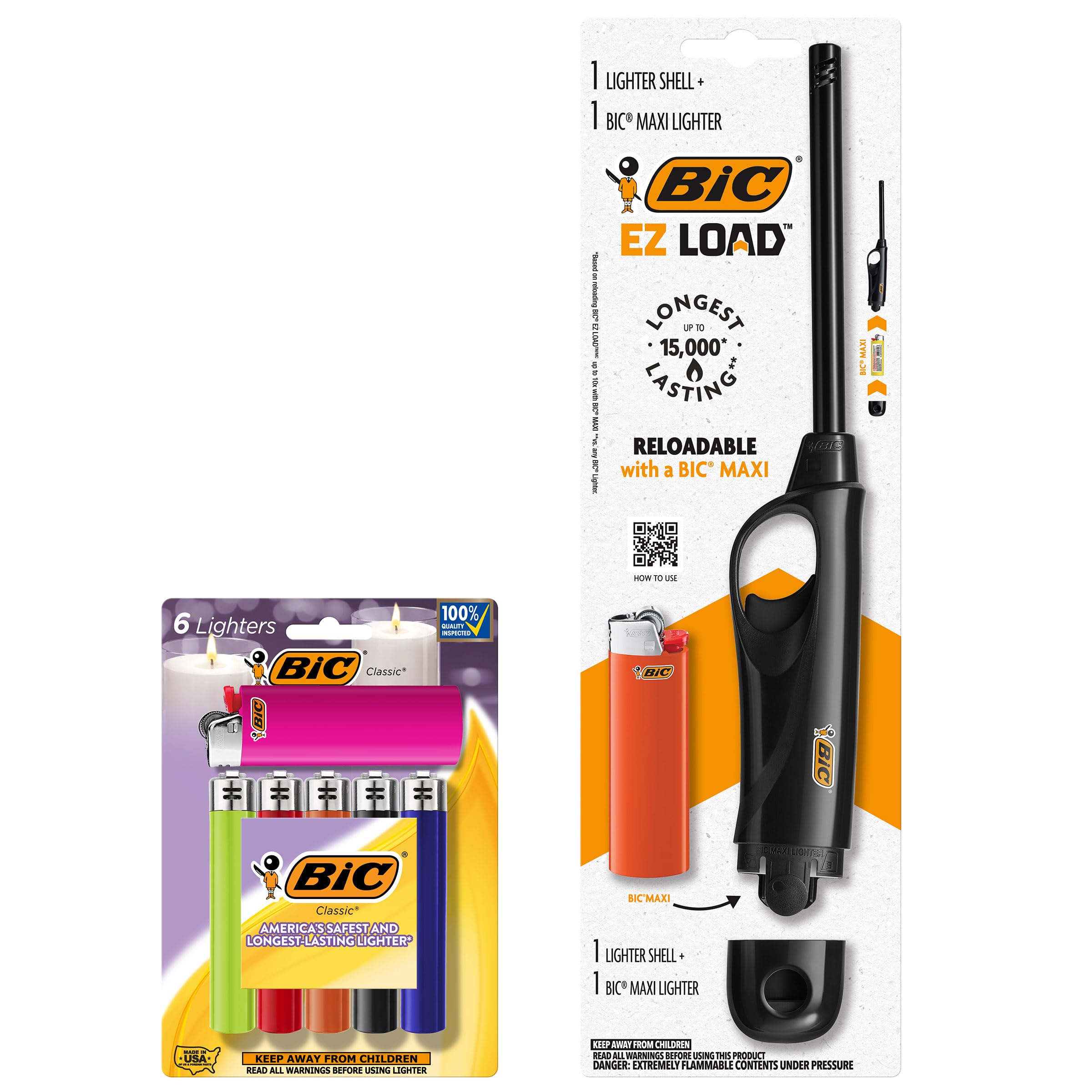 BIC EZ Load Lighters Refillable and Long Lasting Pack with 1 EZ Load Long Lighter Shell and 7