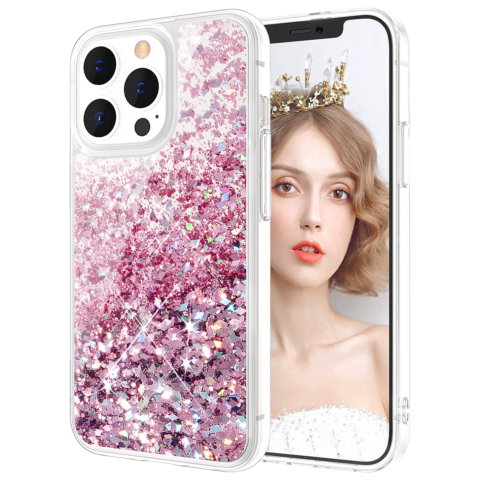 wlooo Glitter Case for iPhone 13 Pro Max, iPhone 13 Pro Max Phone Case, Glitter Liquid Crystal Quicksand Slim Girls Women Soft TPU Bumper Silicone Protective Shockproof Case Cover (rose gold)