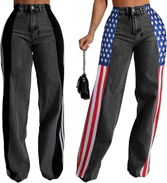 Trendy High Waist Patchwork Denim Striped Wide Leg Pants - Casual Streetwear