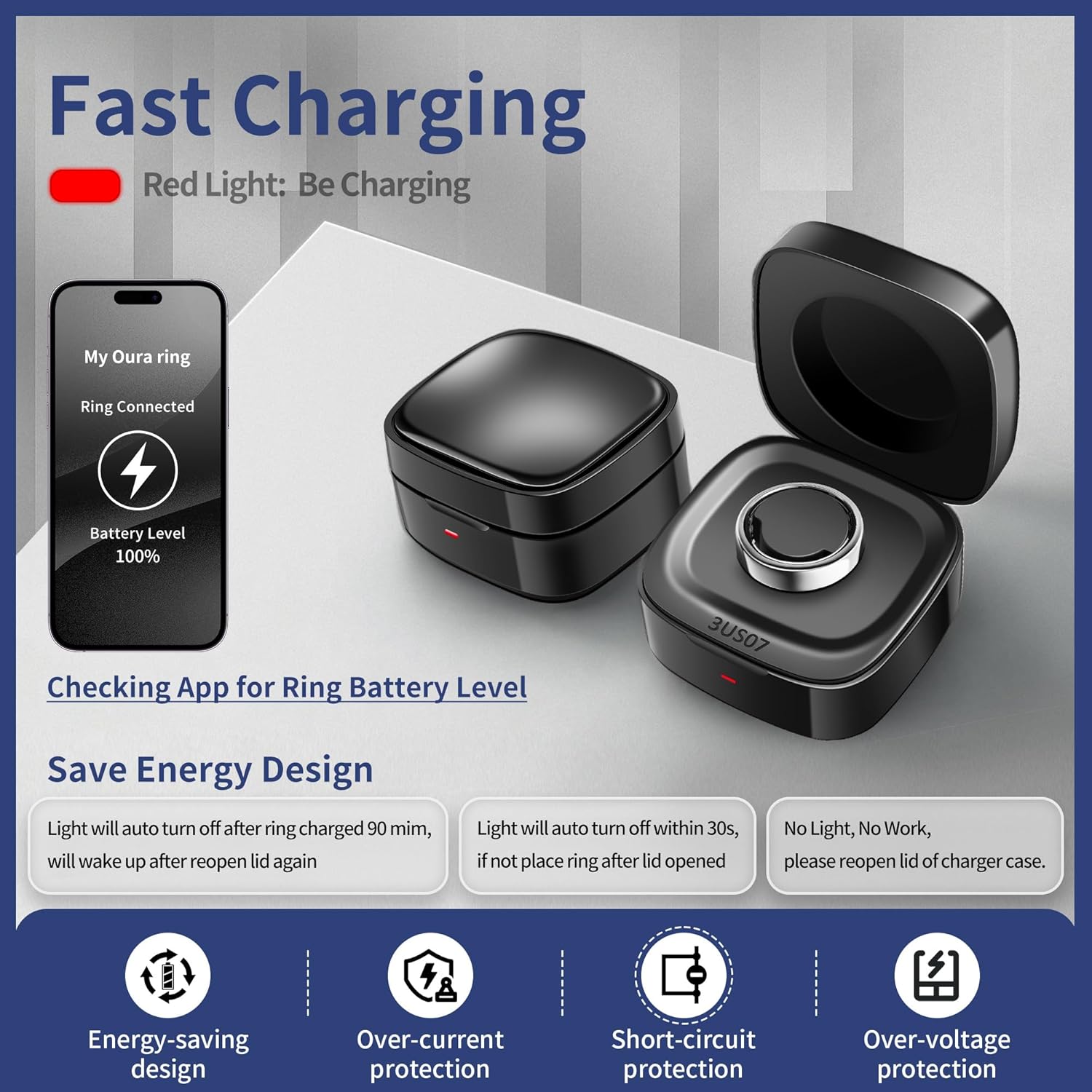 Smart Rings Charger Case Only Compatible with Oura Ring Gen 3 Heritage/Horizon - Rings Charging Box with Indicator Light - Portable for Ring Storage, Travel, Prevent Scratches (Size 7) - Image 3