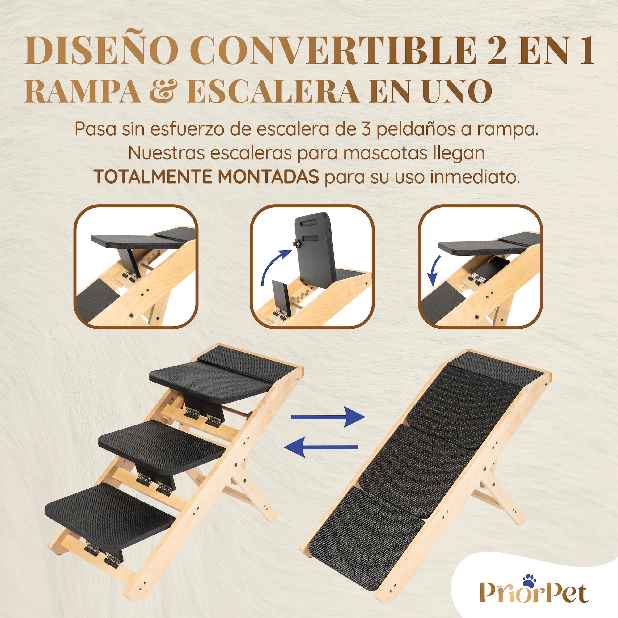 Escalones y Rampa para Perros 2-en-1 - Escalera/Rampa Ajustable en Altura para Sofá 18-50 cm - Escalones para Mascotas, Escalones para Perros Pequeños - con Plataforma de Aterrizaje, Natural