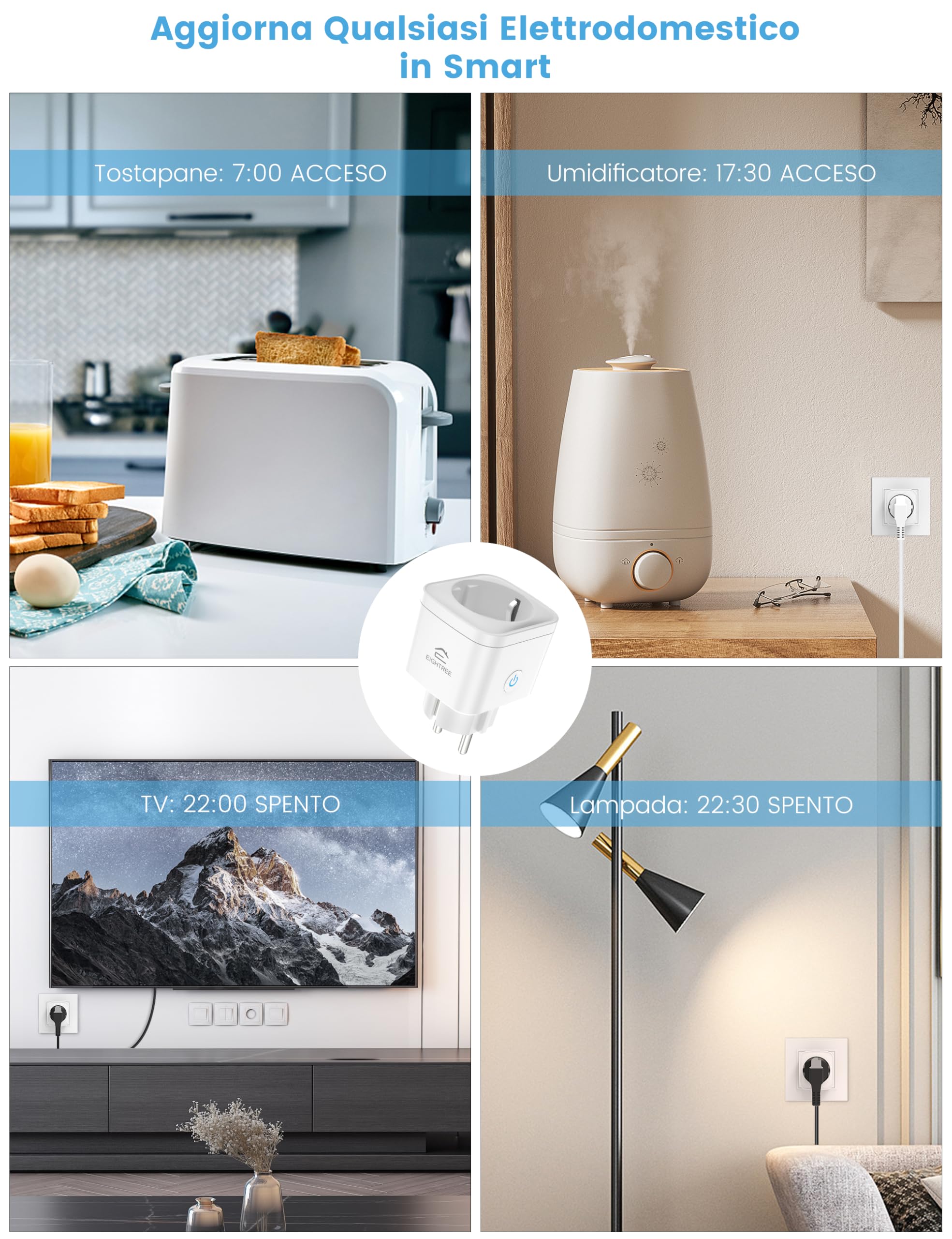 EIGHTREE Presa Smart WiFi 2.4G/5GHz, Presa Intelligente con Monitoraggio Energia, Temporizzatore Programmabile, Controllo App&Voce, Compatibile con Alexa/Google Home/SmartThings, 16A/3680W (4 Pezzi)