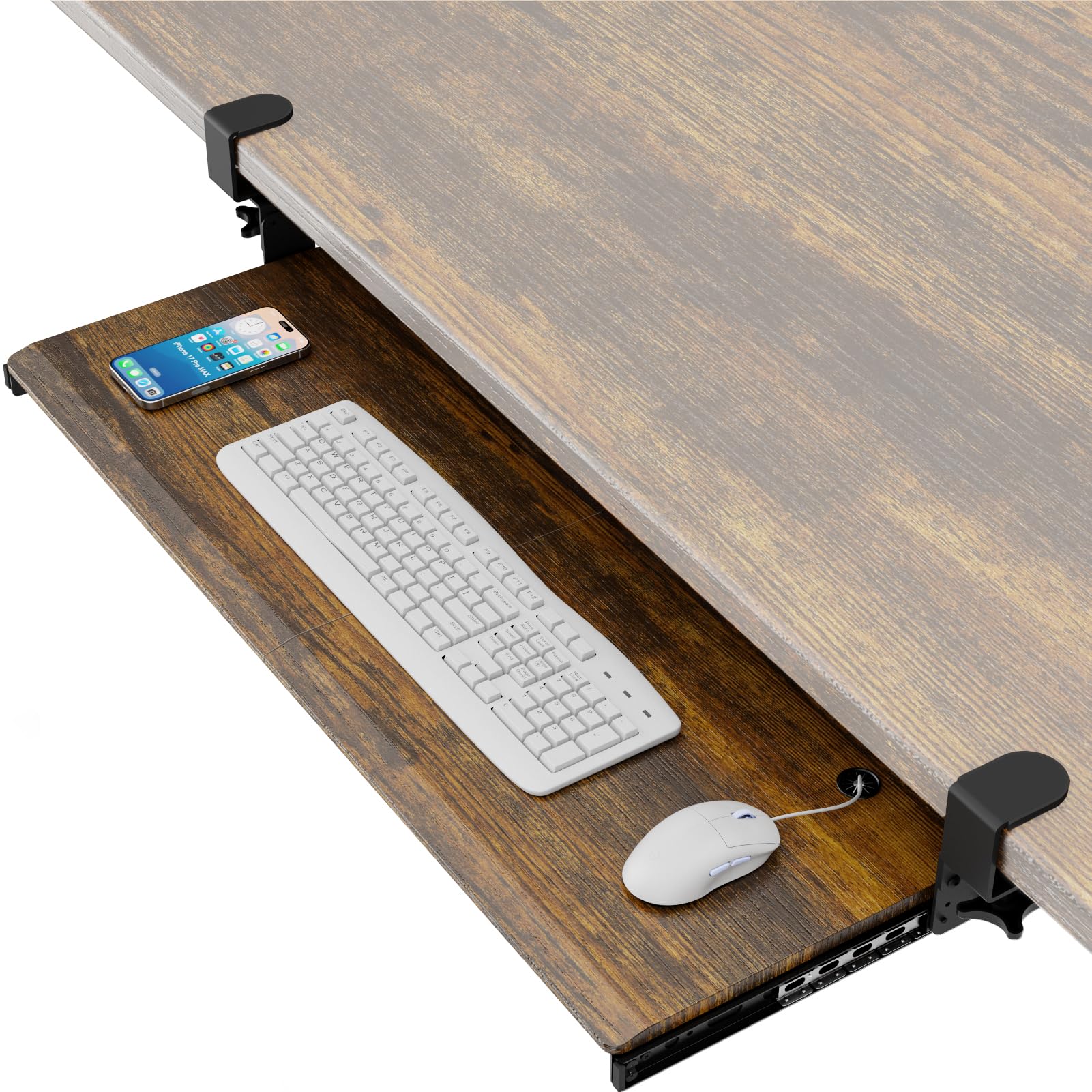 Tischunterschublade für Tastatur mit besonders stabiler C-Klemmen-Befestigung, 83,3 cm (96,5 cm inkl. Klemmen) x 30,5 cm – ausziehbare Computerablage für die Arbeit am Schreibtisch im Vintage-Stil