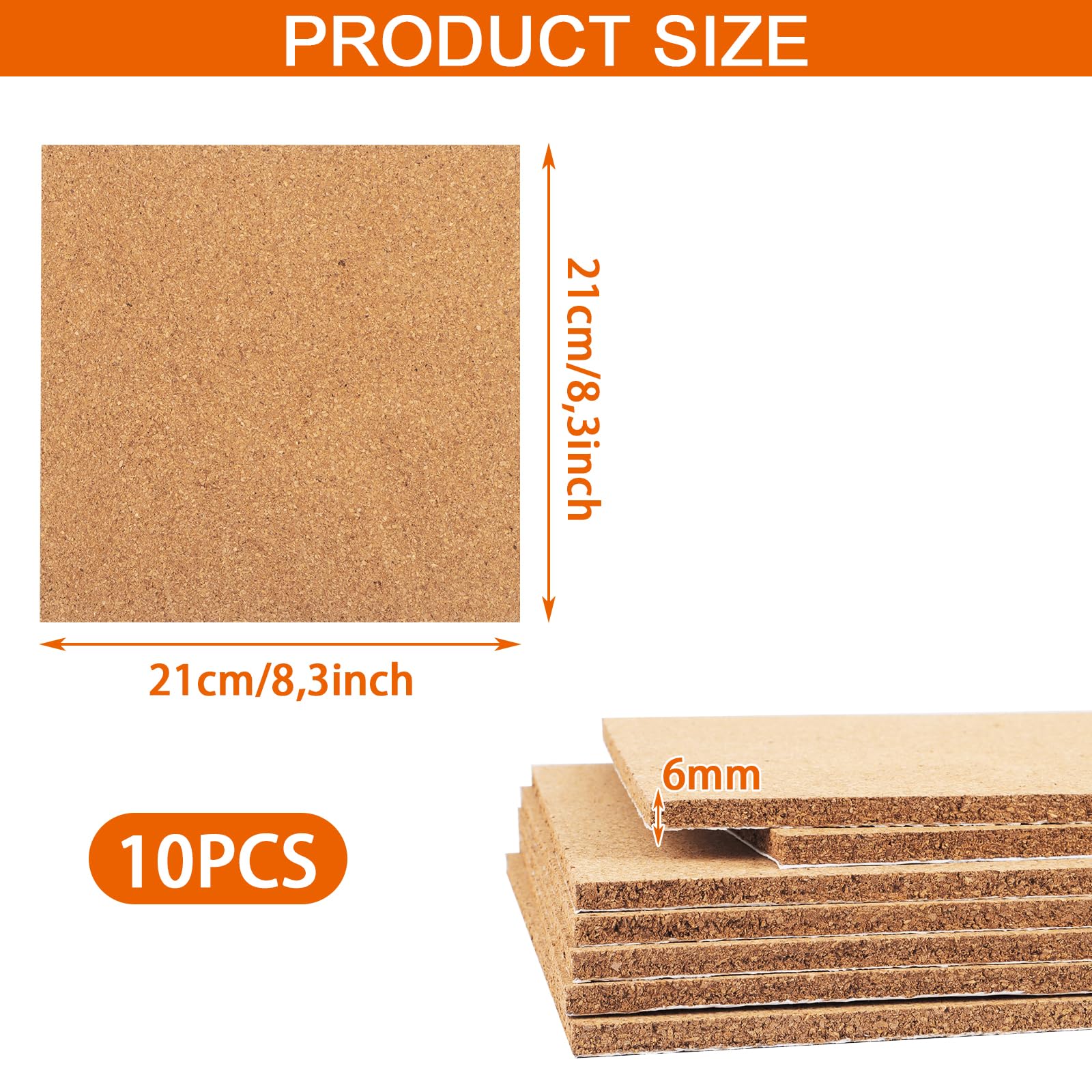 10 Stück Korkplatte Selbstklebend, 21 x 21 cm Pinnwand Kork, Korkwand Pinnwand, 6mm Dick Korkmatte für Wanddekoration und DIY Projekte