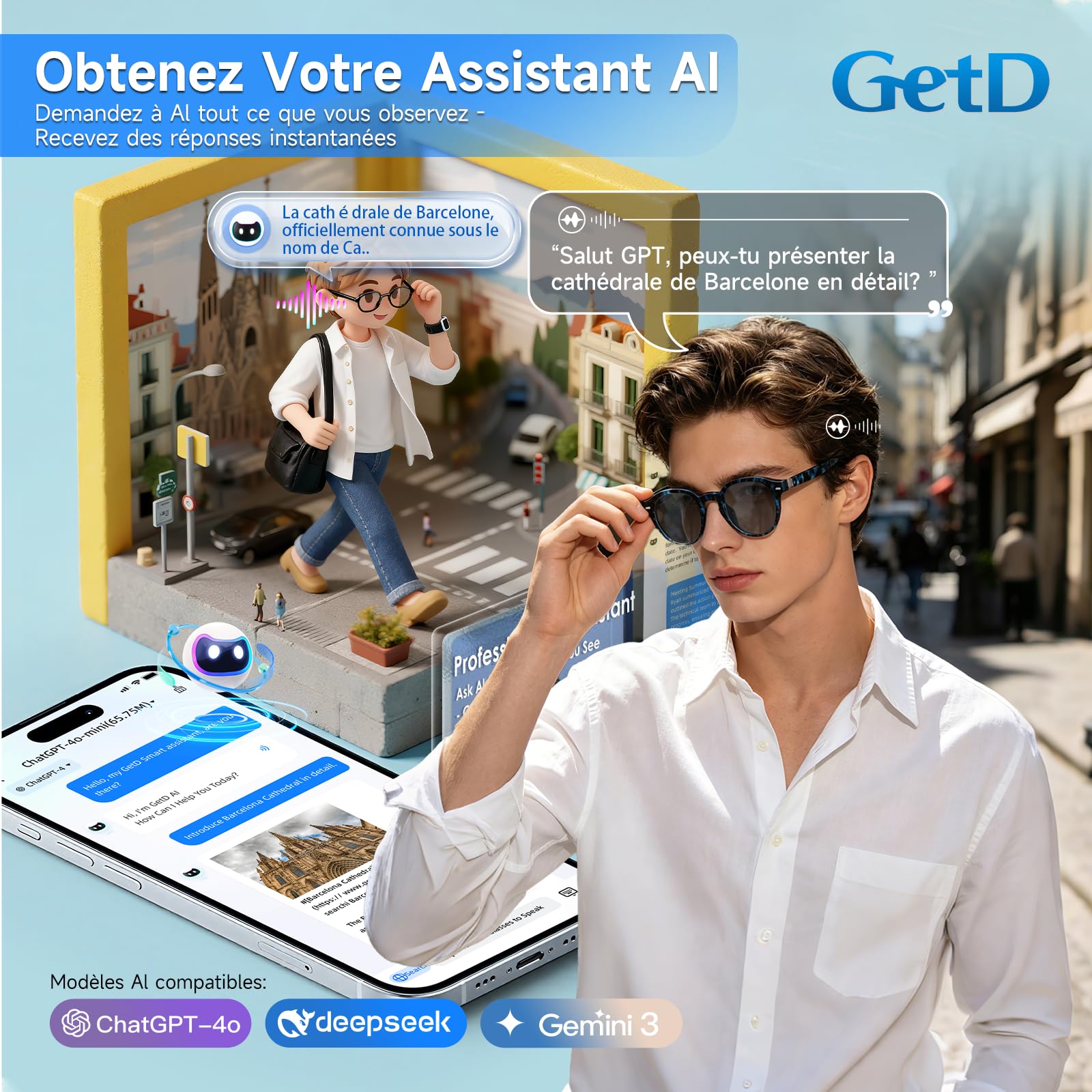 GetD Lunettes AI Intelligentes pour Hommes et Femmes, Lunettes Audio Bluetooth et Écouteurs à Oreilles Ouvertes et Assistant AI avec Traduction AI (Cadre Noir + Lentille Transparente)