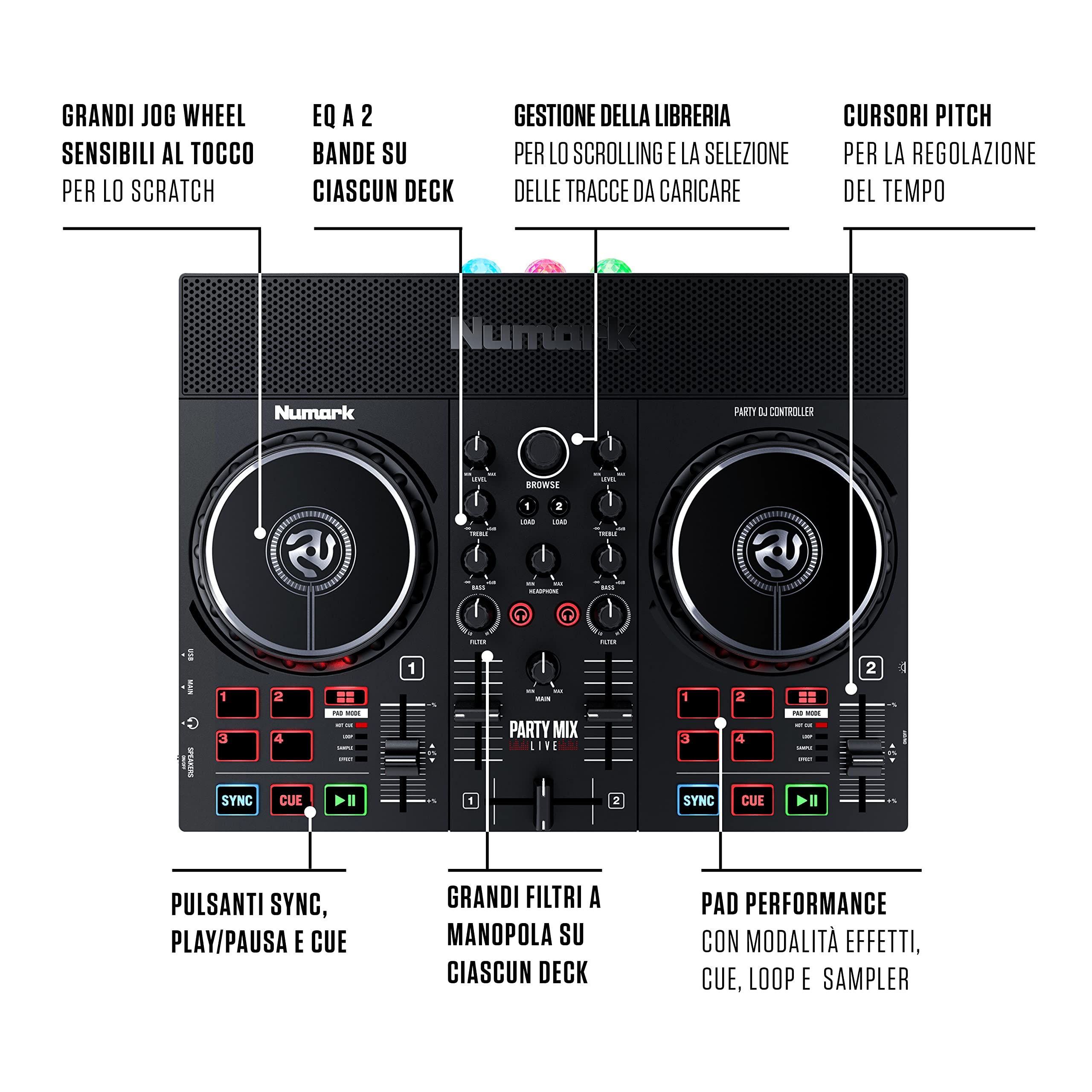 Numark Party Mix Live Console DJ 2 Canali Serato DJ Lite con Casse e Luci da Discoteca