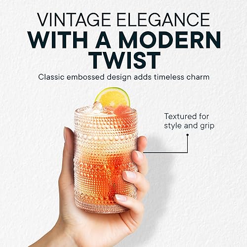 Miniatura 5 de Juego de 12 vasos de 15 onzas con textura para agua, cerveza, cócteles, cócteles sin alcohol, whisky y más, incluye popotes y posavasos, transparente