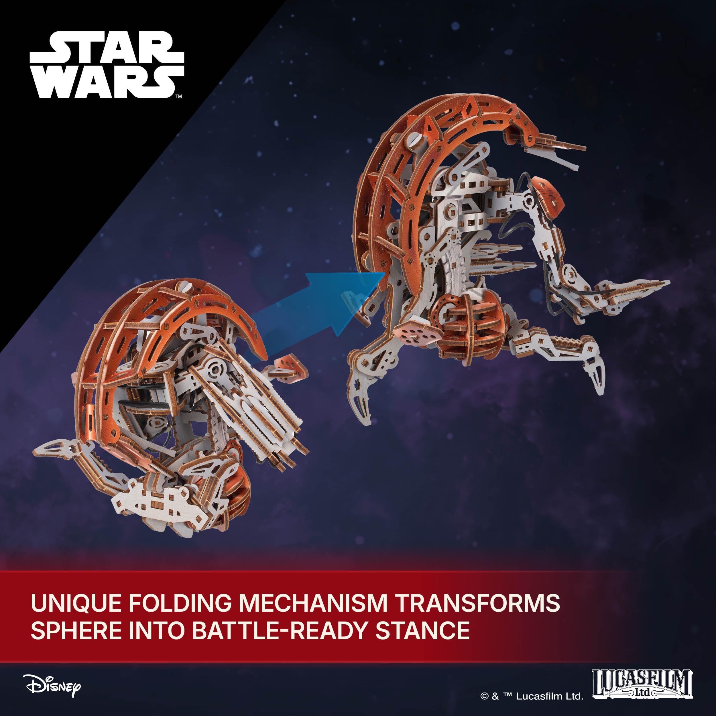 UGEARS Star Wars Droideka Drewniane Puzzle 3D – Mechaniczny drewniany model do złożenia, zestaw DIY do budowy, kolekcjonerskie puzzle z drewna, szczegółowy projekt konstrukcyjny i pomysł na prezent dl