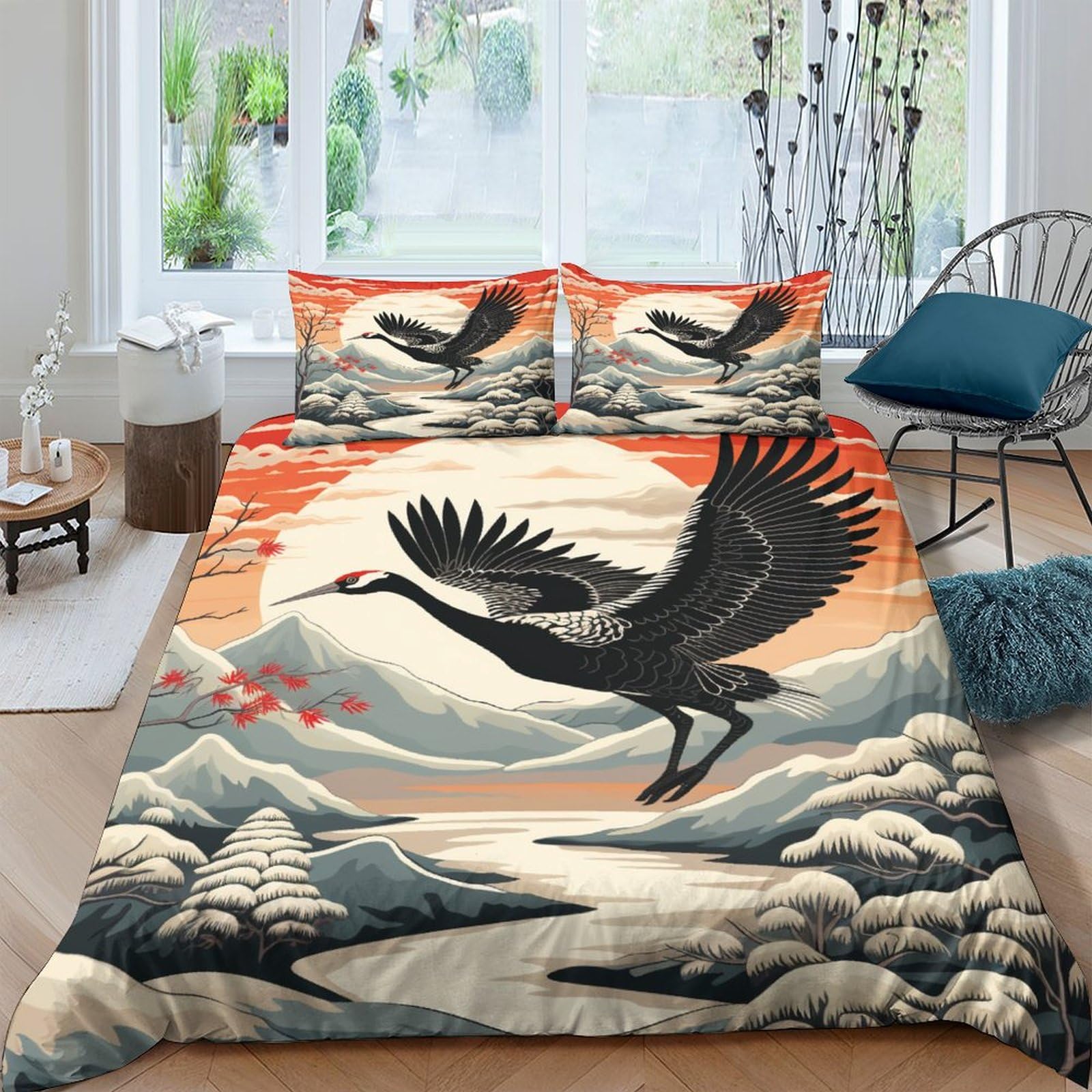 Housse de couette grue style japonais pour chambre zen et moderne 200x200