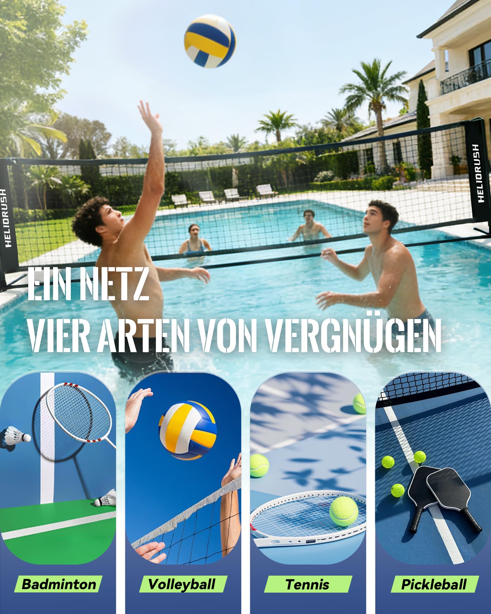 Badmintonnetz Outdoor Höhenverstellbar, 3/4/5m Tragbares Volleyball Netz für Garten mit Stabiler Stahlrahmen & HDPE Netz, Federballnetz für Garten, Pool, Strand, Tennis, Kinder & Erwachsene