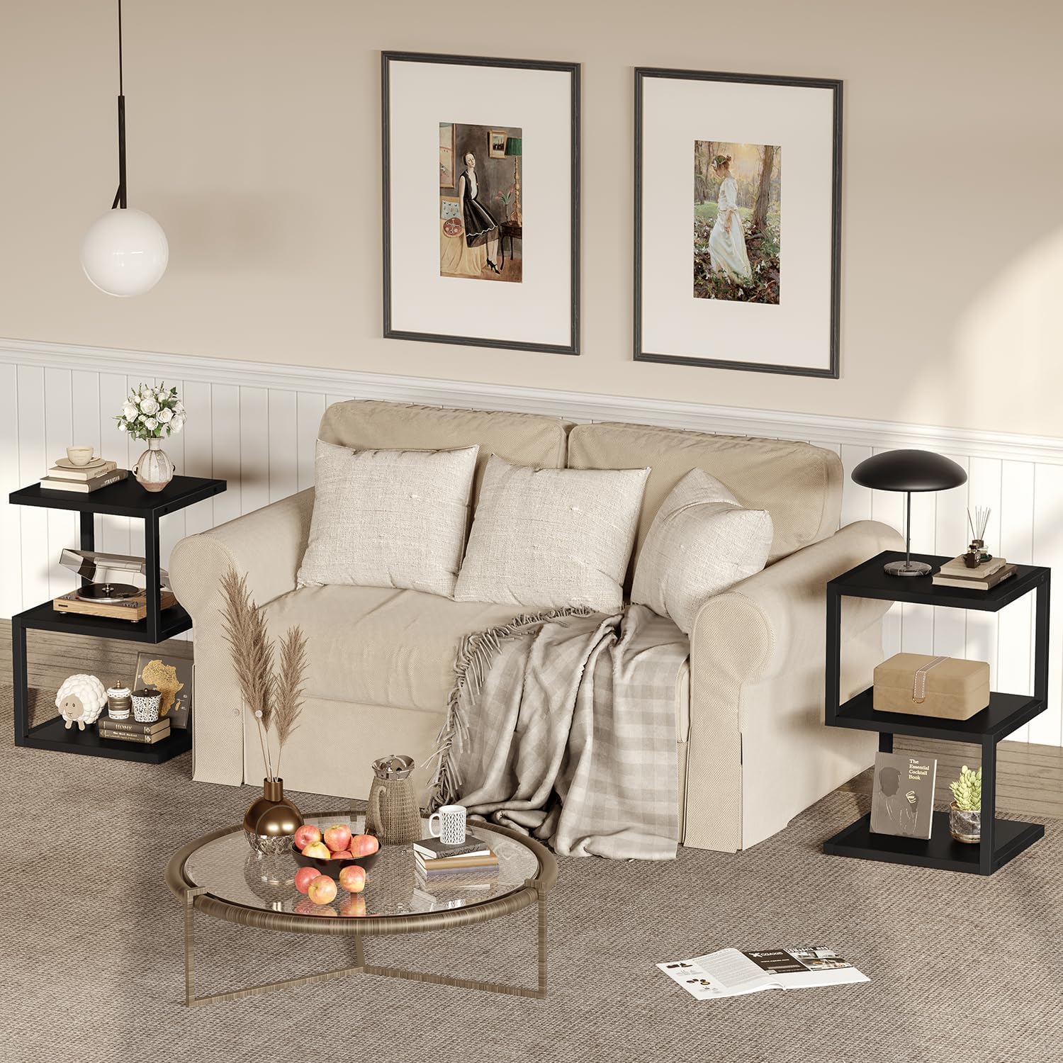 Asgolion Side Table with 3-Tier Storage, S-Shape Bedside End Table for Small Spaces, 29.5'' Tall Nightstand for Living Room, Bedroom, Easy Assembly, Black