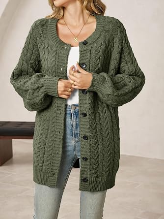 Saodimallsu Womens Cable Knit Cardigans Oversized Chunky Button Down Long Lantern Sleeve Crew Neck Warm Sweater Dress