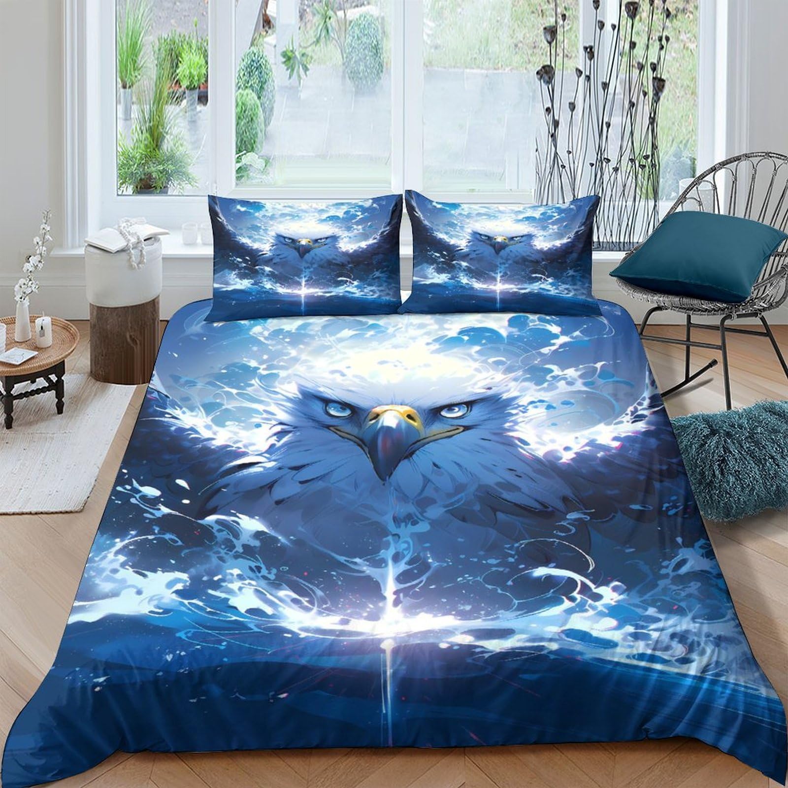 GPLZQXKJNH 3D Printed Blue Owl Duvet Cover Microfiber Soft Breathable Sky Night Bedding Set with 2 Pillowcases for Bedroom Decor Single（135x200cm）