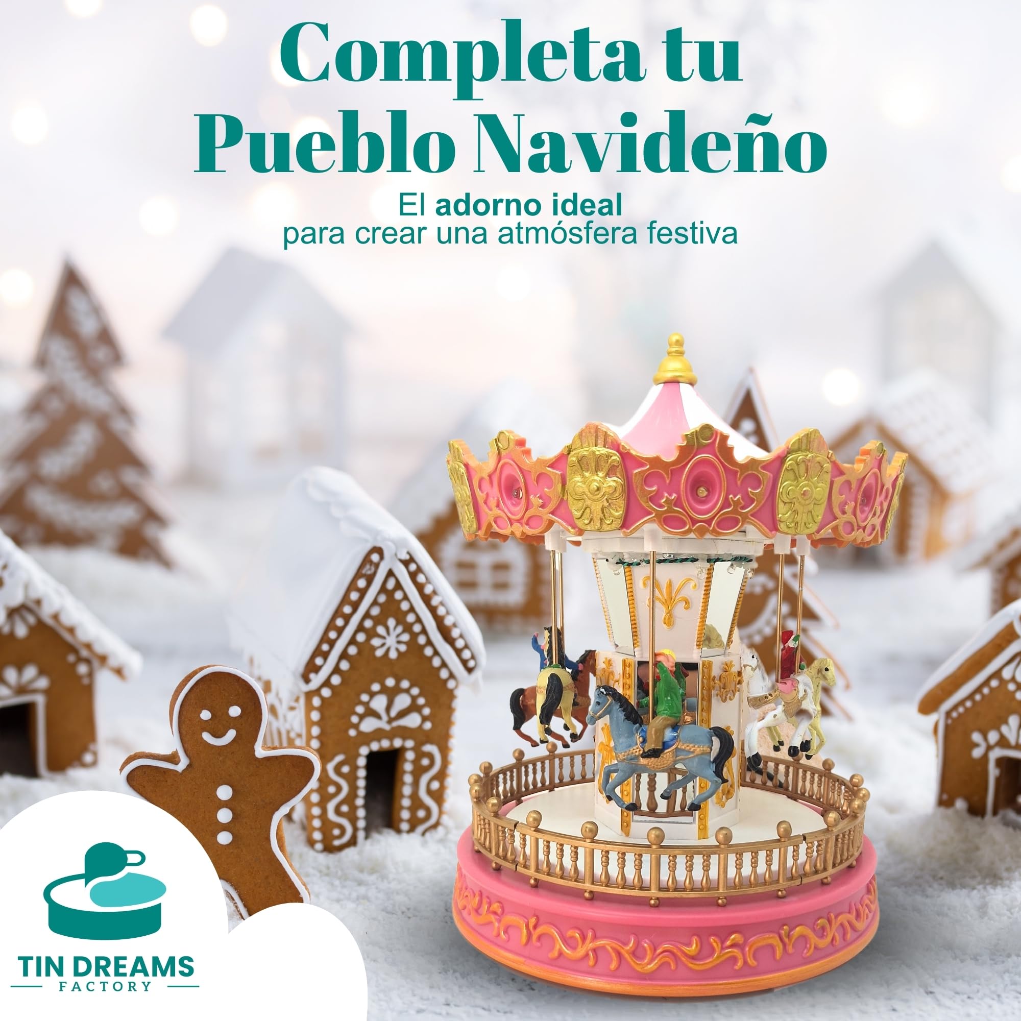 Tin Dreams | Carrusel Navidad Pequeño con Movimiento, Música y Luces LED | Tiovivo Musical | Pueblo Navideño, Villa, Aldea Miniatura, Escena Animada Iluminada | Adorno Decoración Navideña Hogar