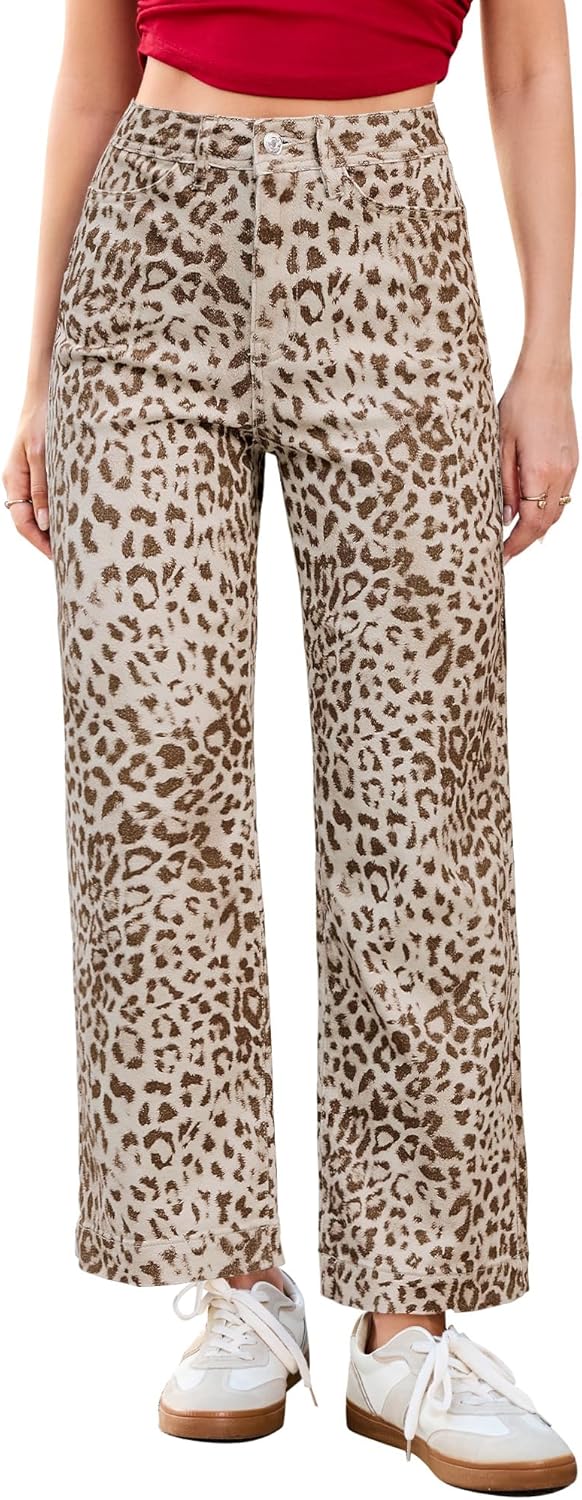 LookbookStore Wide Leg Jeans for Women Trendy High Waisted Stretchy Cheetah Leopard Pants Ankle Length Trouser Jeans - Image 6