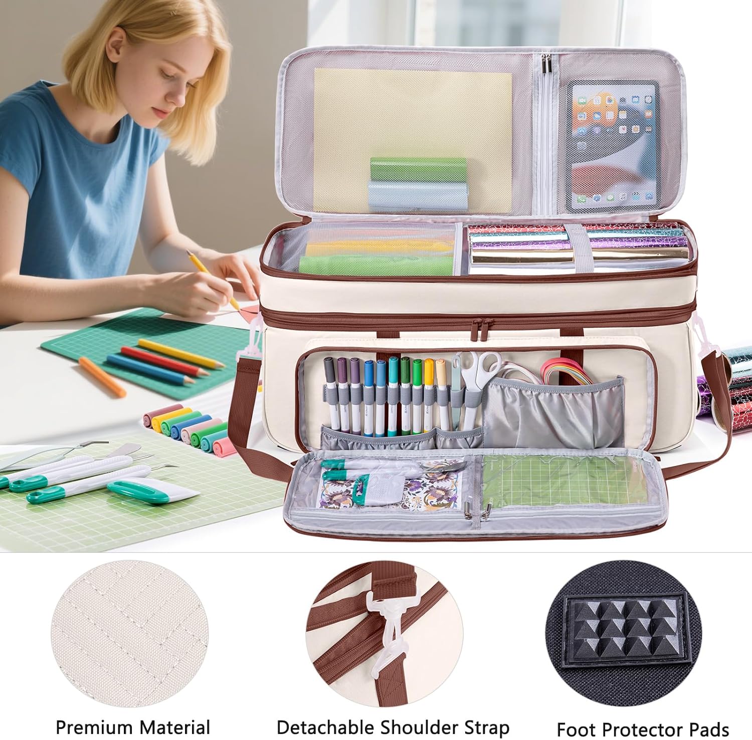 AMOIGEE Double-Layer Carrying Case Compatible with Cricut Maker 4, Explore 4, Maker 3, Explore Air, Silhouette Cameo – Sturdy Storage Bag with Pockets for Cricut Accessories, Vinyl, Tools & Supplies