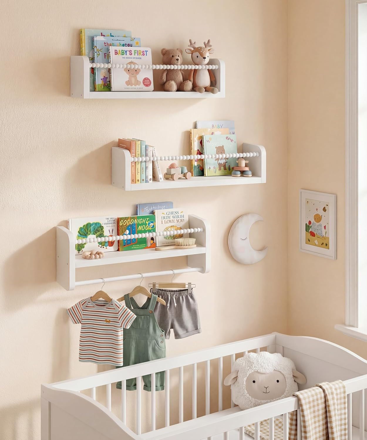 Nursery Book Shelves for Wall Set of 3, White Natural Wood Bookshelf Wall Decor, Small Floating Shelf Organizer for Kids Room, Bedroom, Kitchen Spice Rack