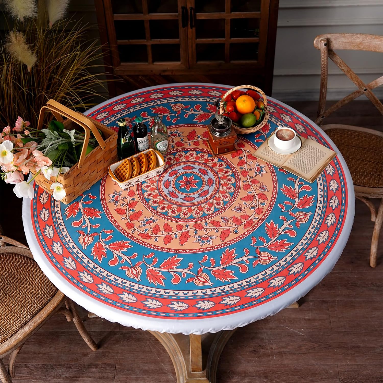 Round Fitted Tablecloth with Elastic Moroccan Waterproof Oli Proof Boho Table Cover Wipeable Vinyl Table Protector for Home Picnic Outdoor (Orange and Blue, 46"-55" Round Tight Fit)