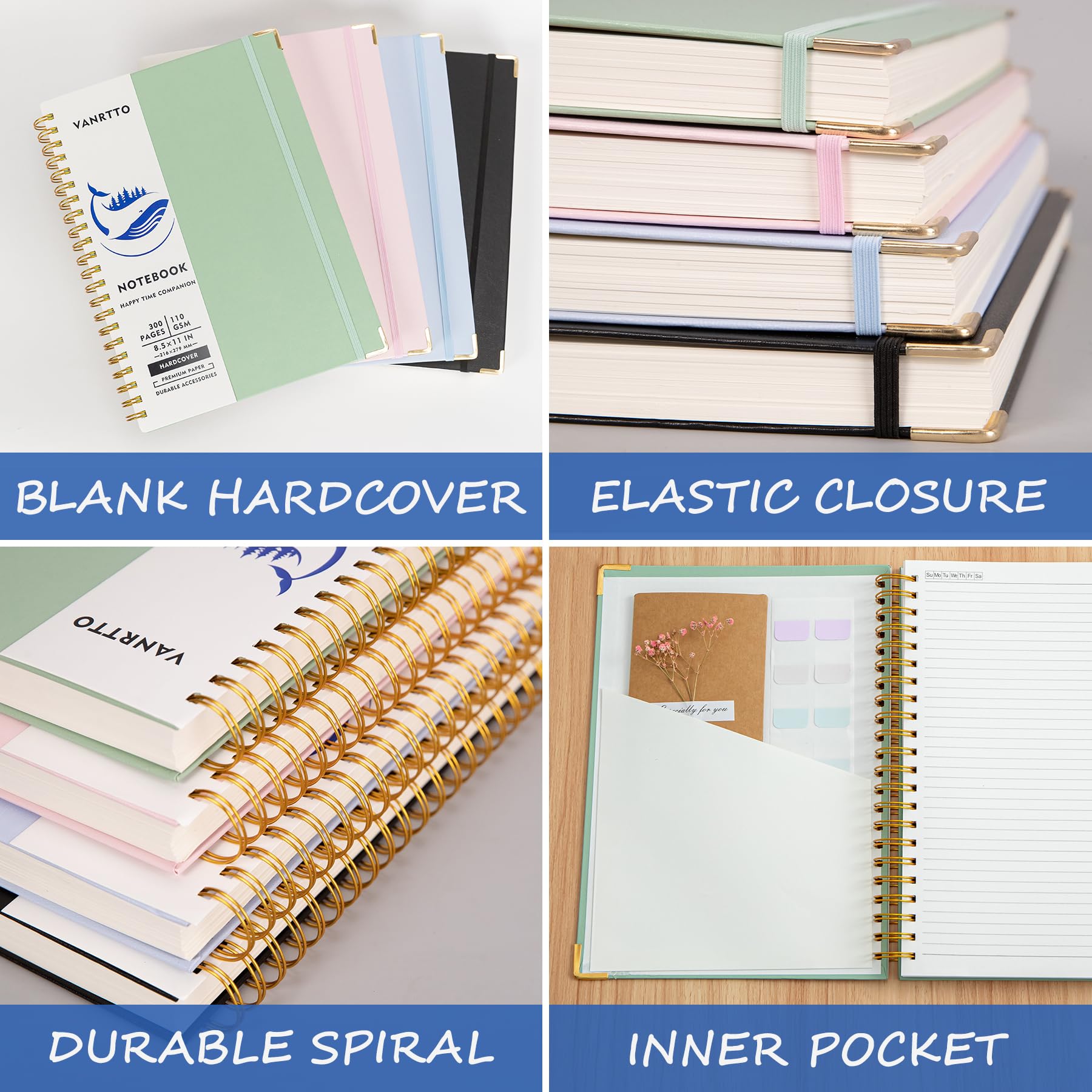 VANRTTO Carnet à spirale, couverture rigide de 21,6 x 27,9 cm, 300 pages pour le travail et l'école, papier épais de 110 g/m² pour écrire, fournitures de bureau pour homme et femme, rose