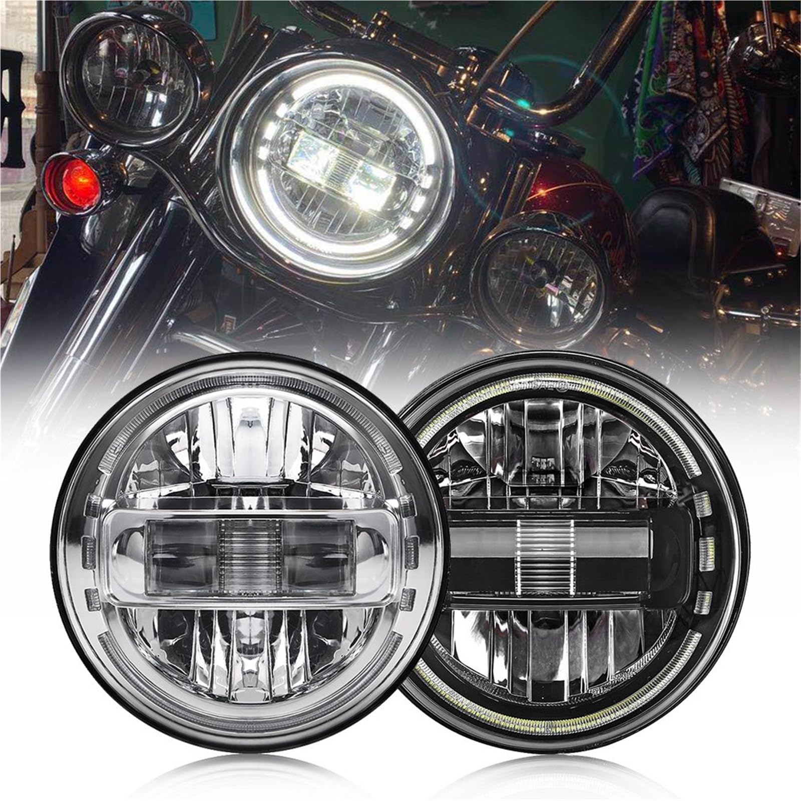 Faro Moto Per FLSTFBS Per FLD Per FLHR LED Fendinebbia | Faro rotondo a LED per moto da 7 pollici DRL H4 Faro per FLSTFBS Per FLD Per FLHR Per FLHTC Per FLHR Per FLHRSI