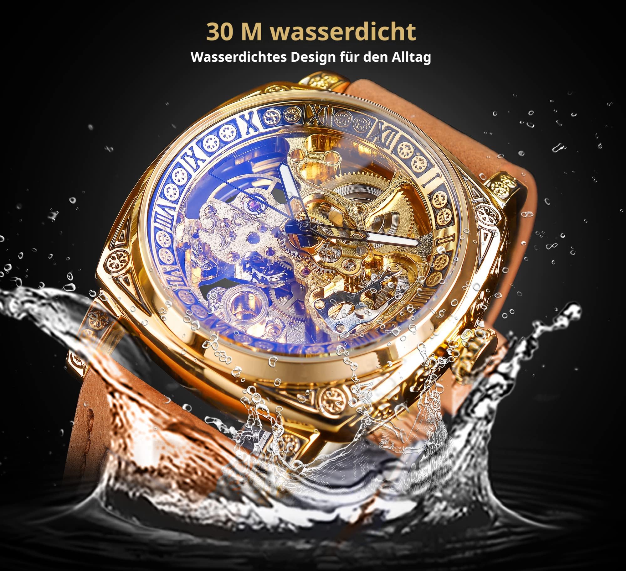 FORSINING Fancy Uhren für Männer, quadratische Retro mechanische Uhr Self-Wind geschnitzt, Gear Uhrwerk Golden Skelett Luxus Automatische Uhren Vintage Lederarmband Armbanduhr